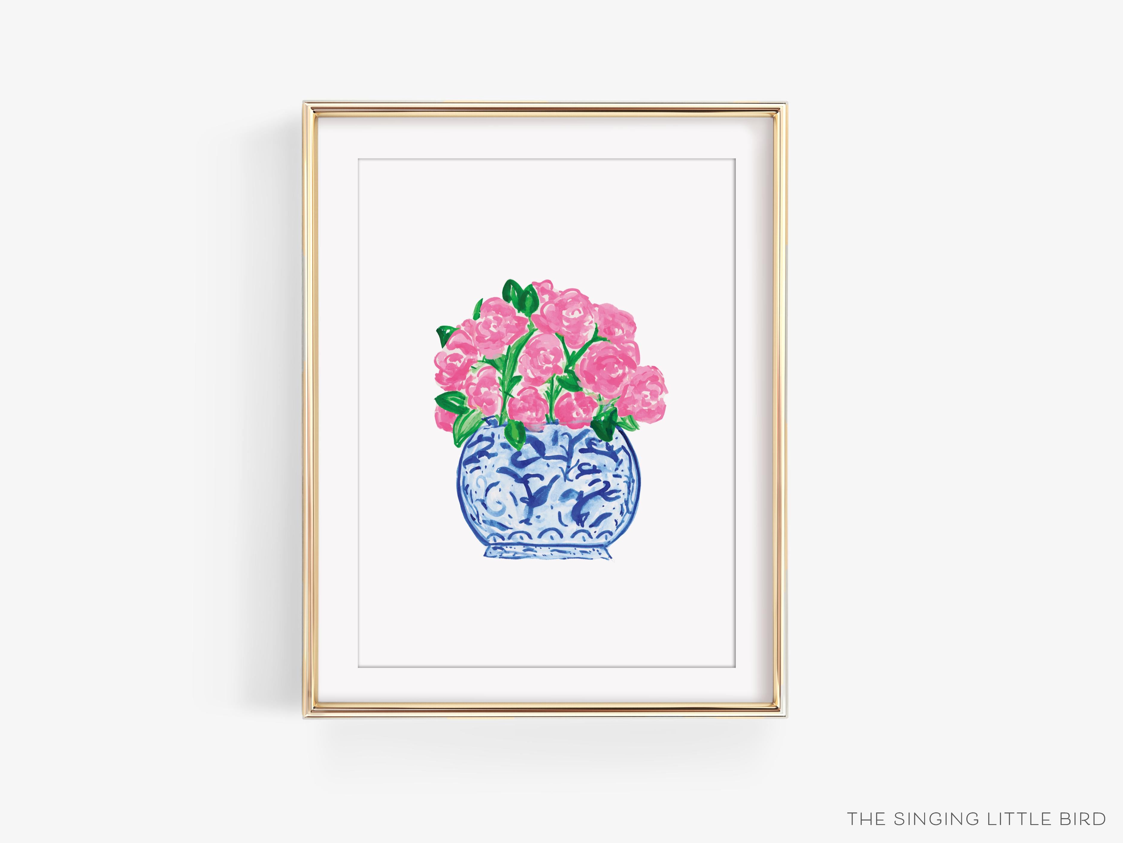 Pink Peonies in Ginger Jar Art Print-This watercolor art print features our hand-painted Peonies and a Ginger Jar, printed in the USA on 120lb high quality art paper. This makes a great gift or wall decor for the flower and chinoiserie lover in your life.-The Singing Little Bird
