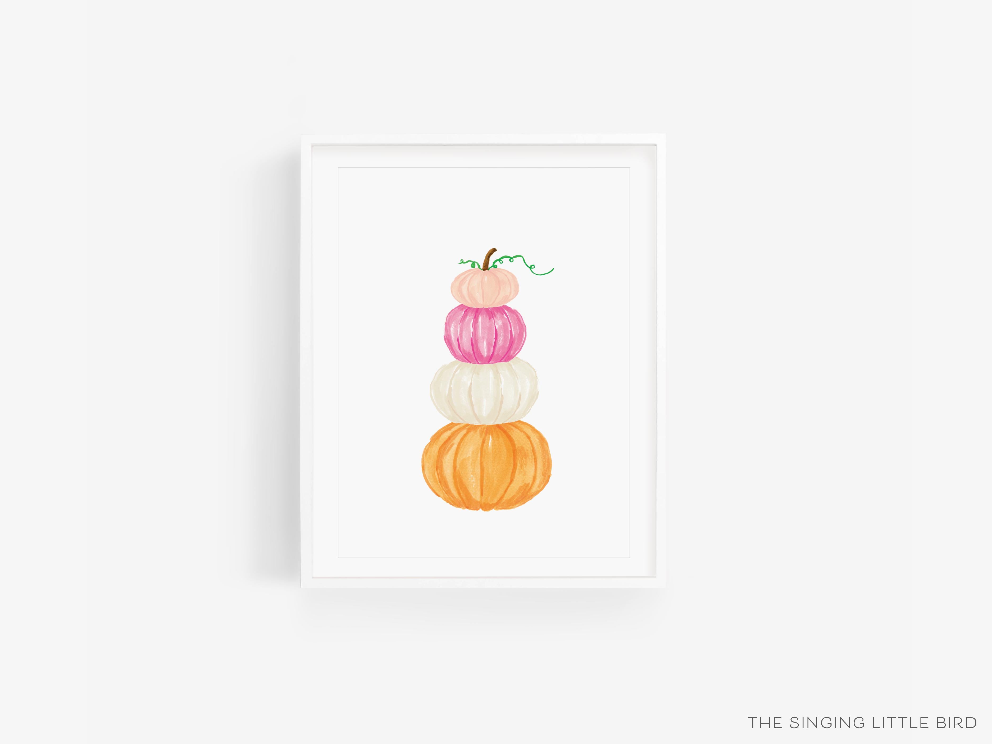 Pink Pumpkin Stack Art Print-This watercolor art print features our hand-painted pumpkins, printed in the USA on 120lb high quality art paper. This makes a great gift or wall decor for the fall time lover in your life.-The Singing Little Bird