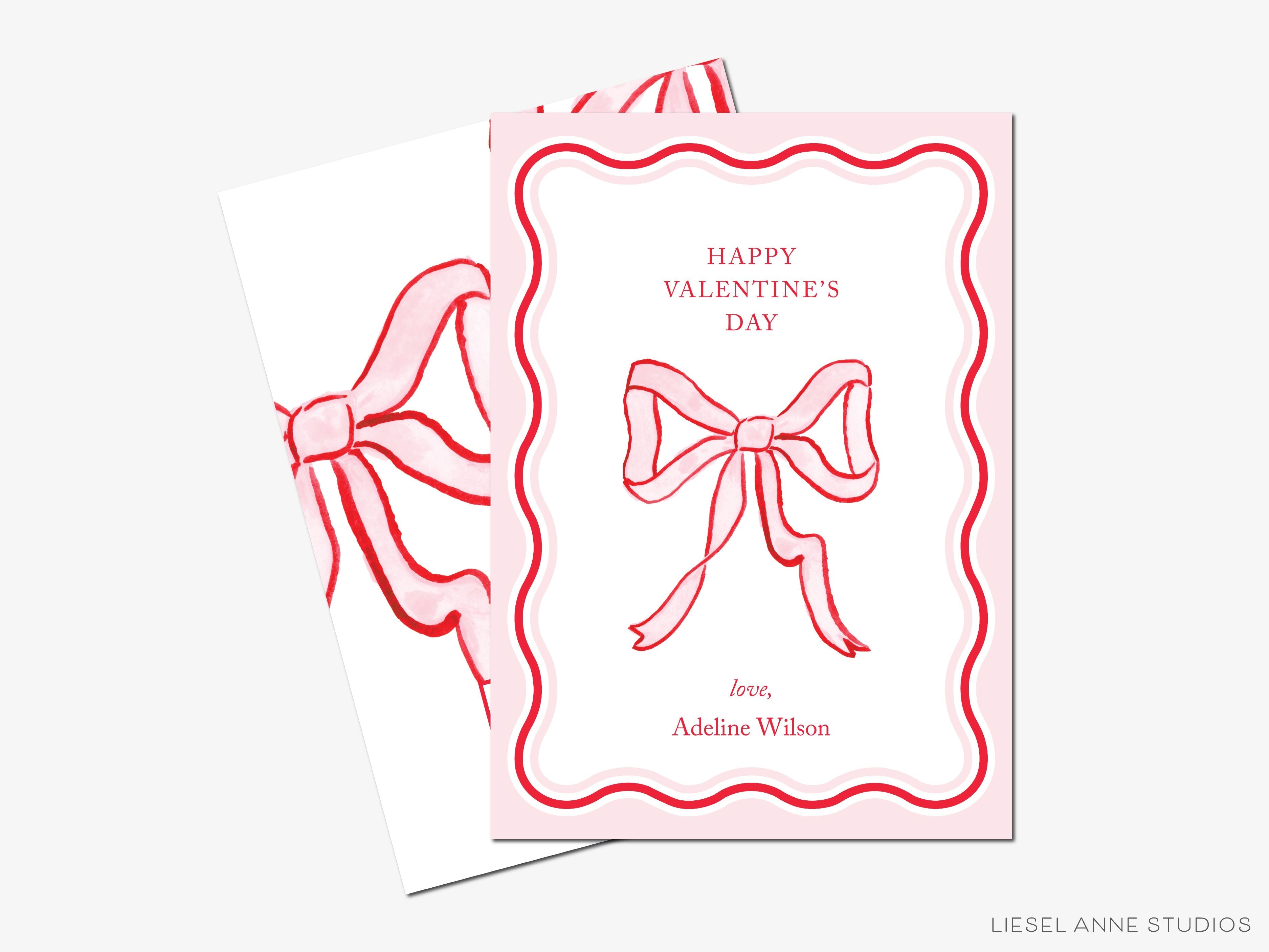 Pink & Red Bow Classic Mini Valentine-These personalized flat notecards are 3.5" x 4.875 and feature our hand-painted watercolor pink and red bow, printed in the USA on 120lb textured stock. They come with white envelopes and make great Valentine's Day cards for kids and bow lovers in your life.-The Singing Little Bird