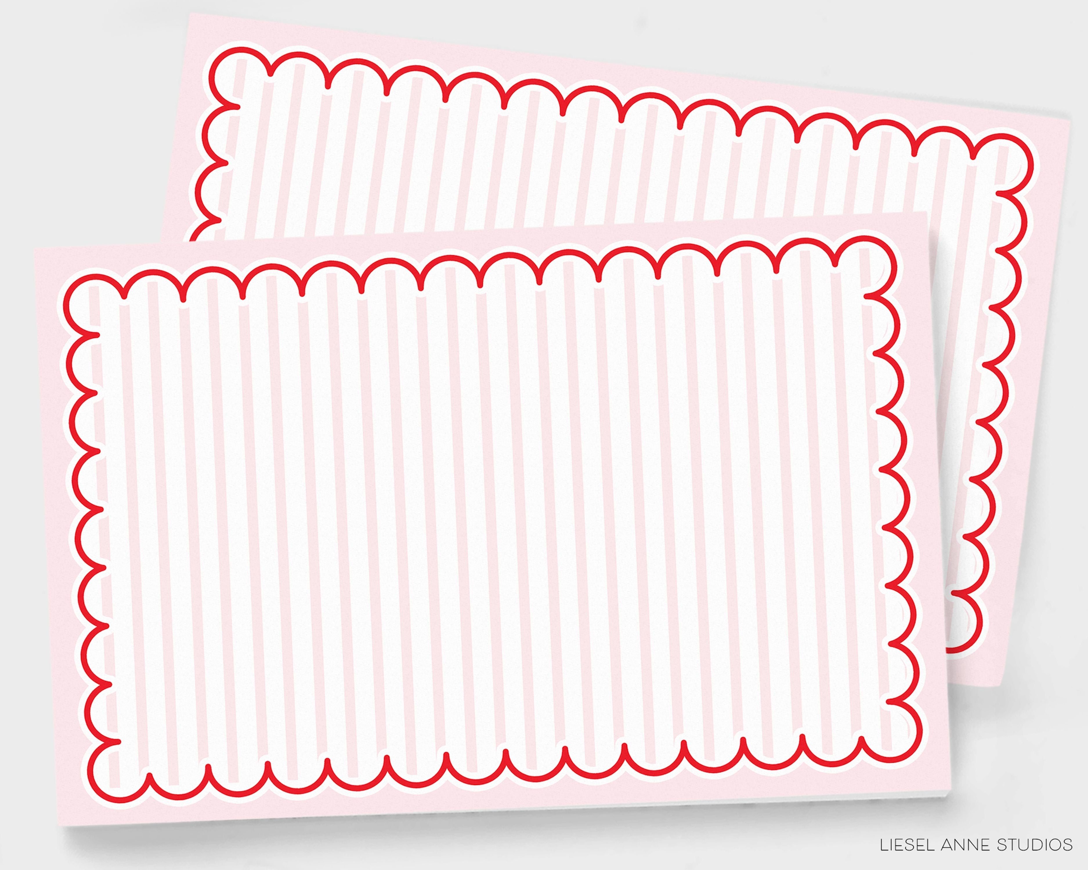 Pink, Red & White Stripe Scalloped Paper Placemat Pad-These placemat pads feature our pink stripe and red scalloped design, printed in the USA on a beautiful smooth stock. They add a preppy touch to any holiday table setting and party decor. A great gift for the Valentine's Day lover in your life.-The Singing Little Bird