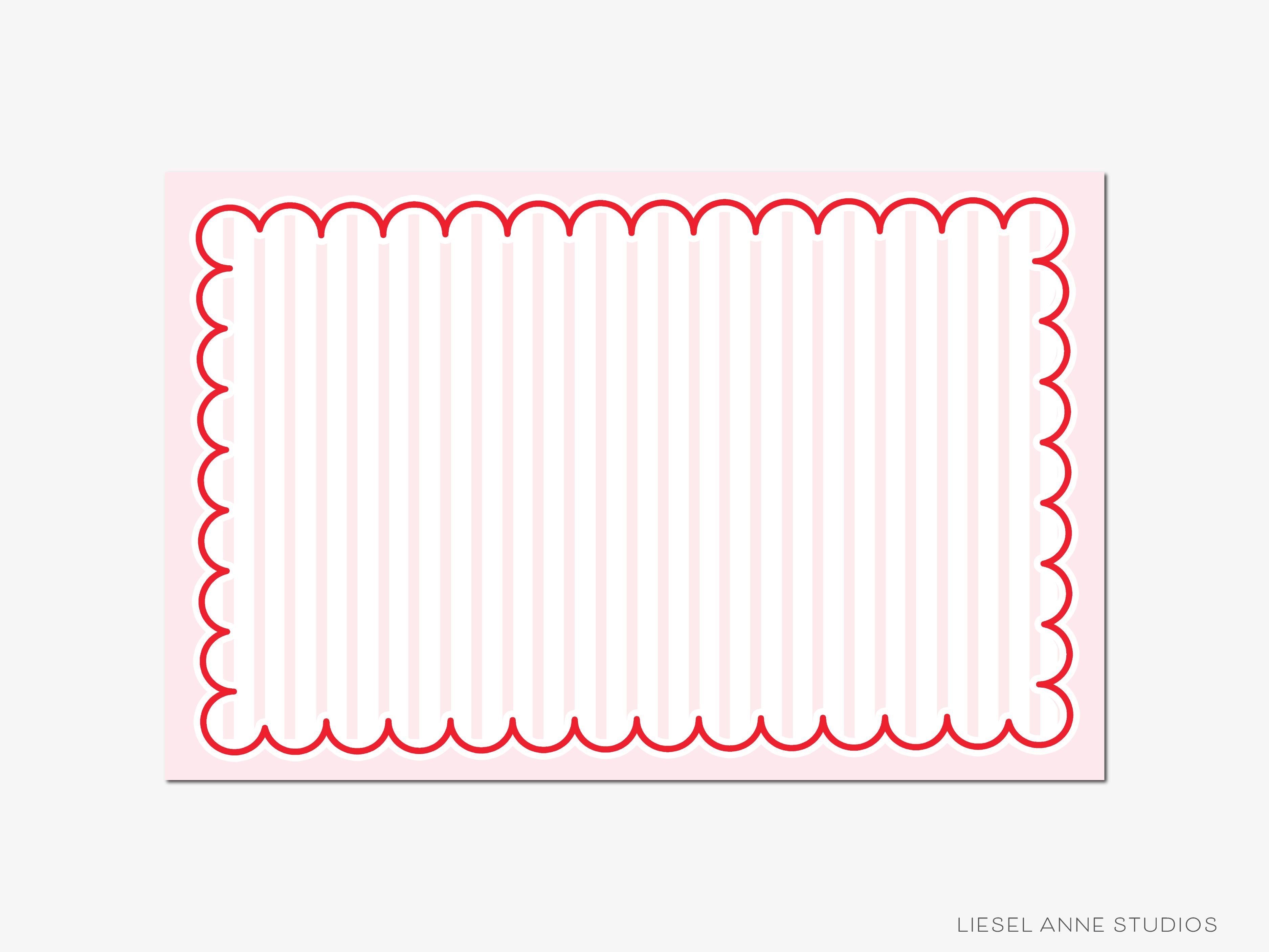 Pink, Red & White Stripe Scalloped Paper Placemat Pad-These placemat pads feature our pink stripe and red scalloped design, printed in the USA on a beautiful smooth stock. They add a preppy touch to any holiday table setting and party decor. A great gift for the Valentine's Day lover in your life.-The Singing Little Bird