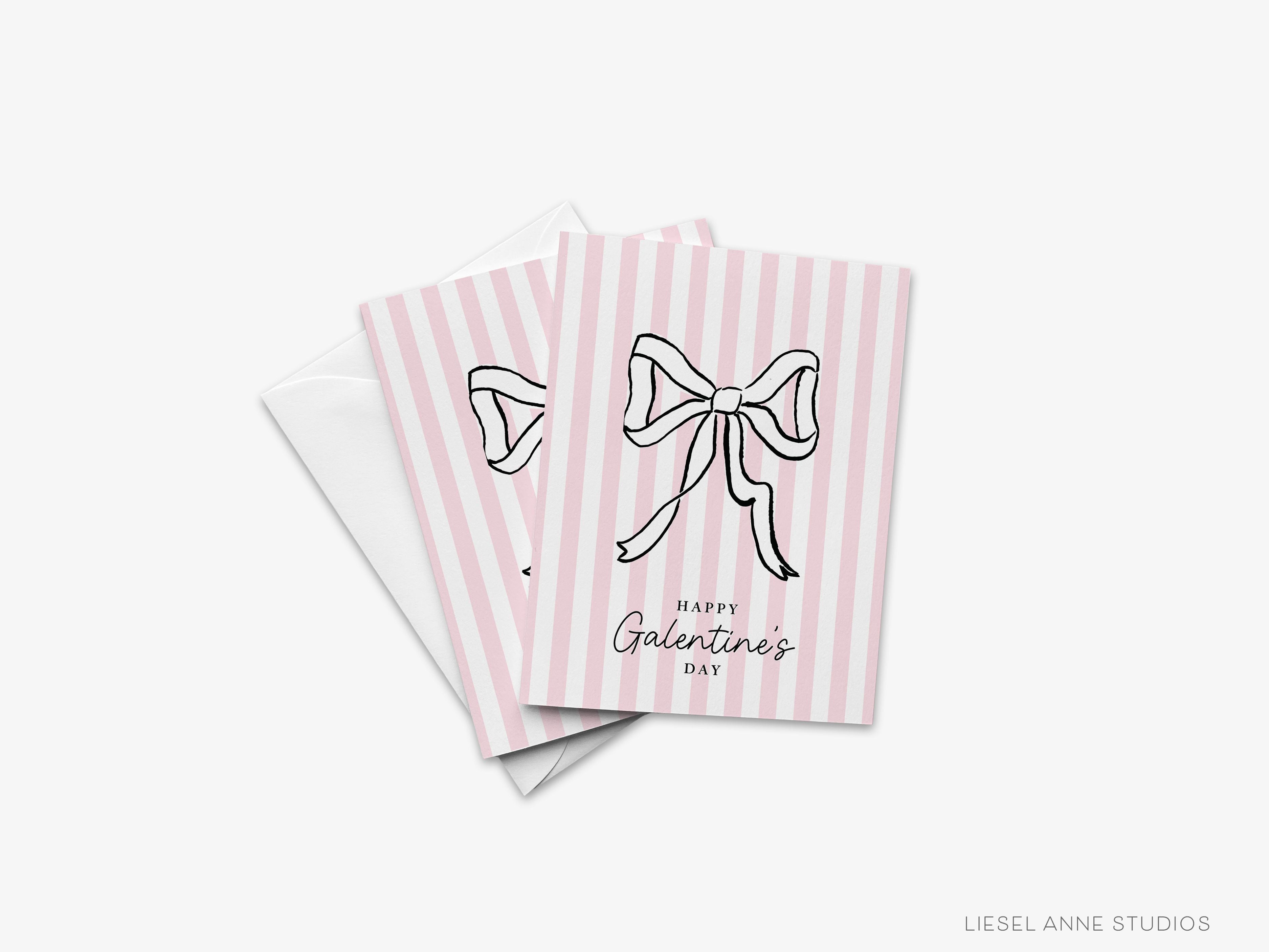 Pink Stripe Galentine's Bow Card-These folded greeting cards are 4.25x5.5 and feature our hand-painted pink bow, printed in the USA on 100lb textured stock. They come with a White envelope and make a great Galentine's Day card for the gal pal in your life.-The Singing Little Bird