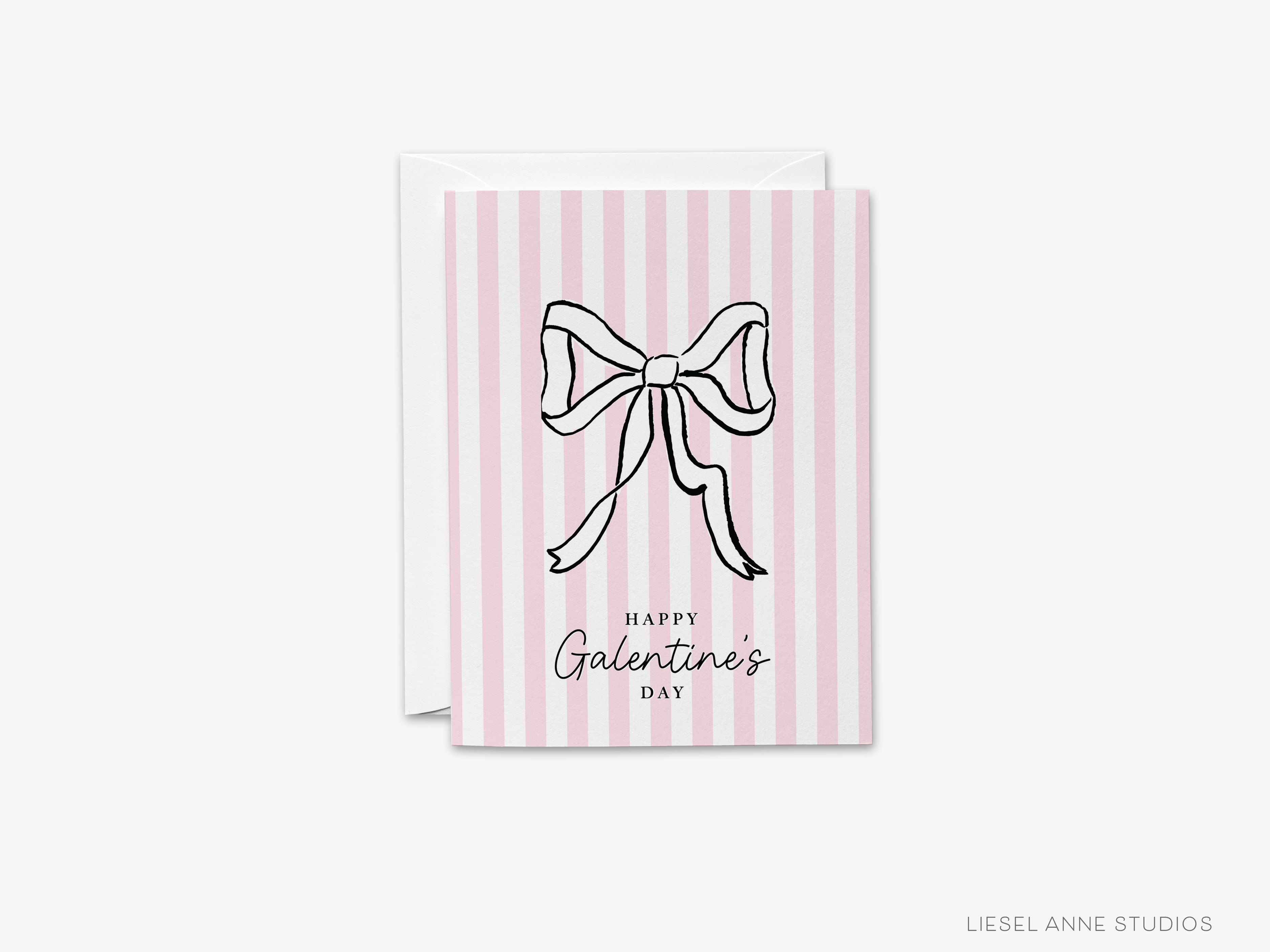 Pink Stripe Galentine's Bow Card-These folded greeting cards are 4.25x5.5 and feature our hand-painted pink bow, printed in the USA on 100lb textured stock. They come with a White envelope and make a great Galentine's Day card for the gal pal in your life.-The Singing Little Bird