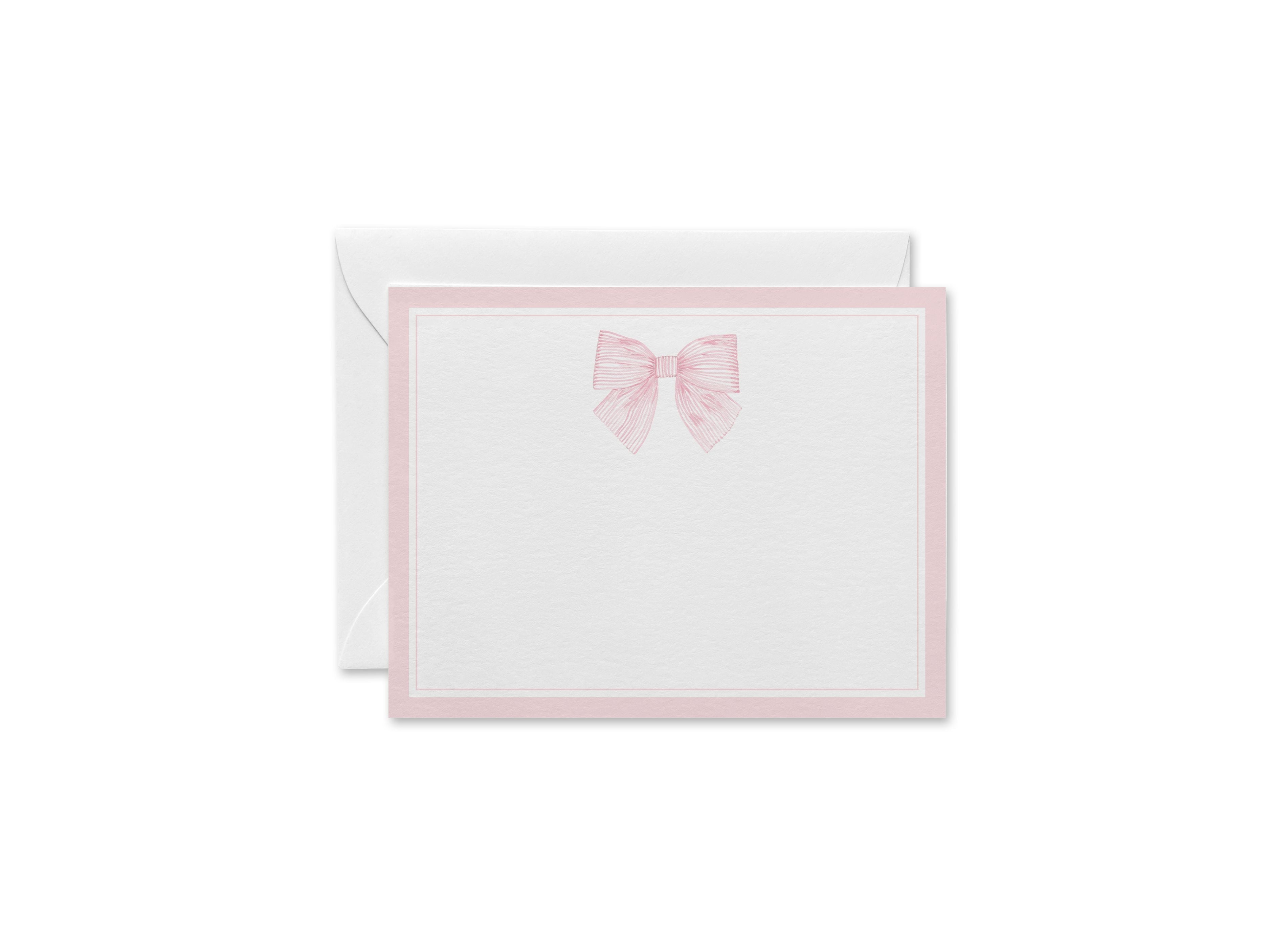 Pink Striped Bow Flat Notes [Sets of 8]-These flat notecards are 4.25x5.5 and feature our hand-painted watercolor pink bow, printed in the USA on 120lb textured stock. They come with white envelopes and make great thank yous and gifts for the bow lover in your life.-The Singing Little Bird