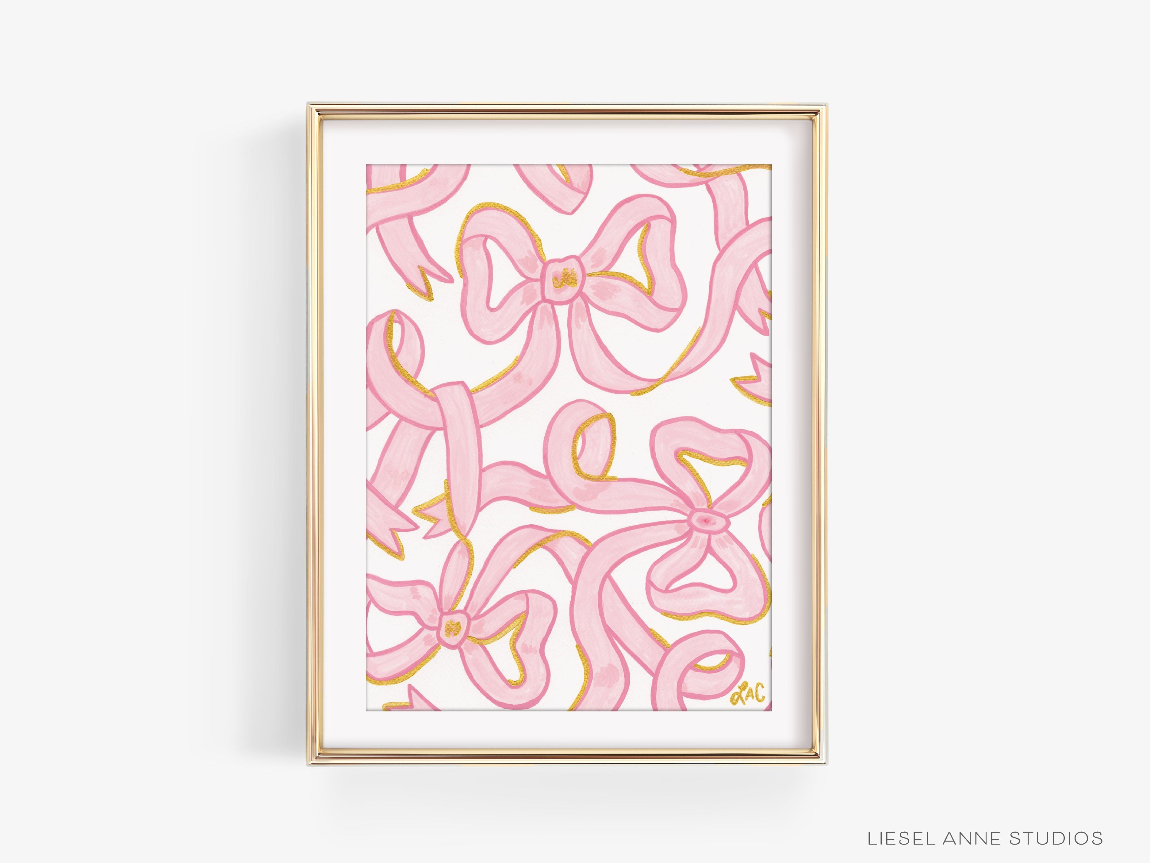 Pink & White Golden Bows Art Print [11x14]-Art Print measures 11"x14" | Optional coordinating frame add on with hanging hardware and acrylic clear stand included | Features our signature Golden Bows design with a white base, light pink bows and hand painted shimmery gold embellishments | Initialed in gold by Liesel Anne (the artist) on the front and signed and dated on the back-The Singing Little Bird