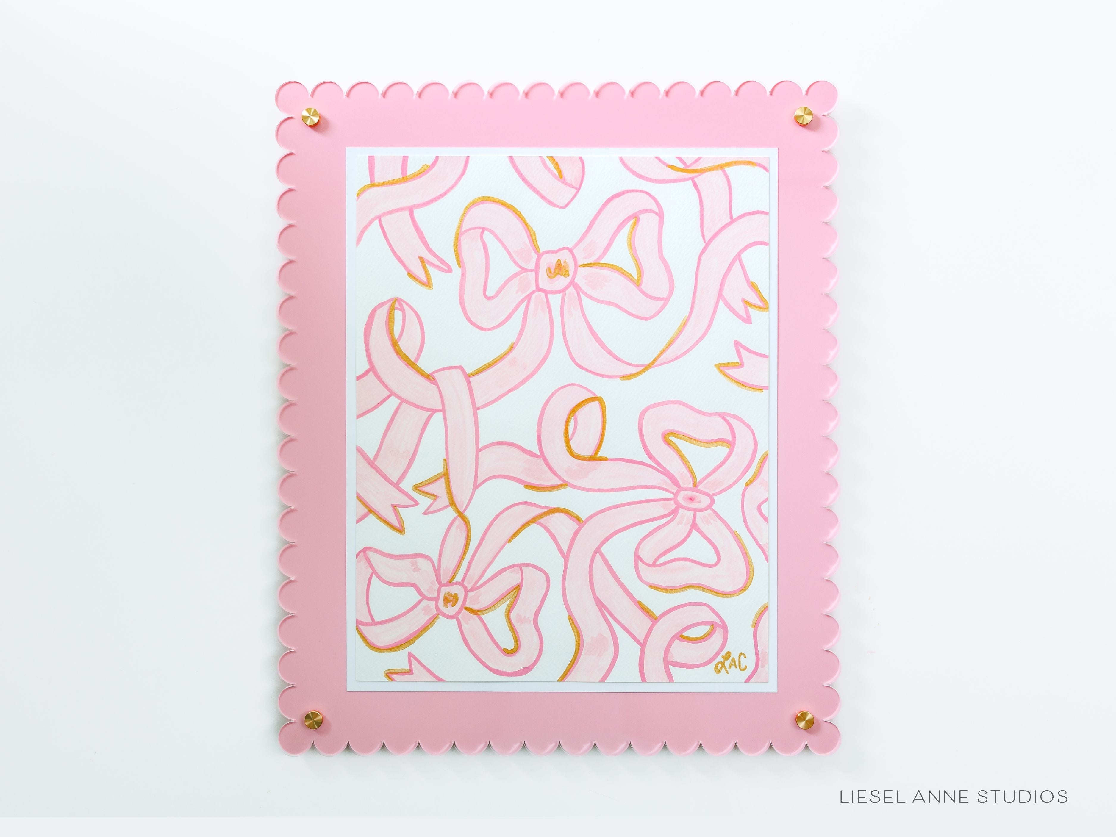 Pink & White Golden Bows Art Print [11x14]-Art Print measures 11"x14" | Optional coordinating frame add on with hanging hardware and acrylic clear stand included | Features our signature Golden Bows design with a white base, light pink bows and hand painted shimmery gold embellishments | Initialed in gold by Liesel Anne (the artist) on the front and signed and dated on the back-The Singing Little Bird