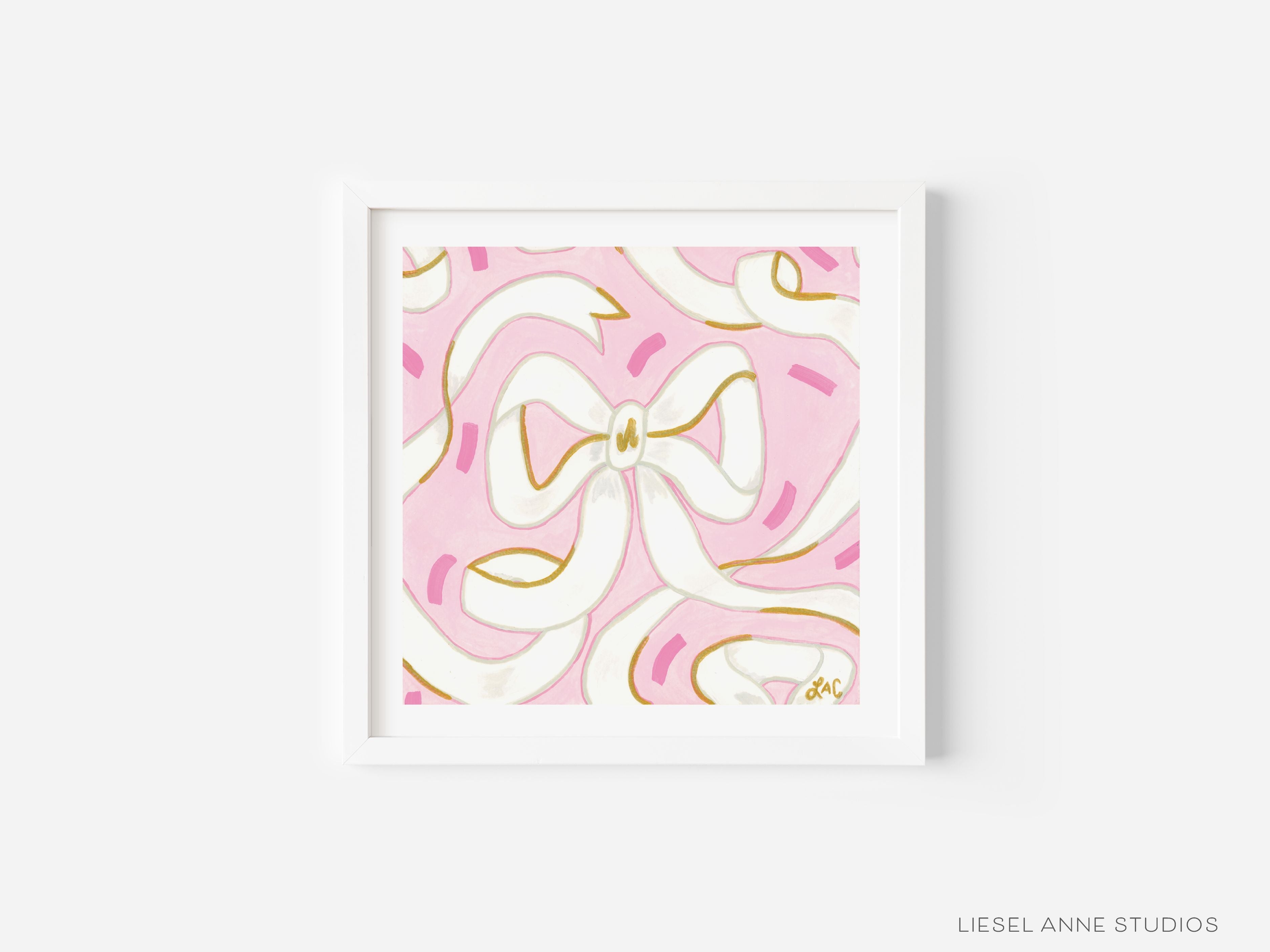 Pink & White Golden Bows Art Print [8x8]-Art Print measures 8"x8" | Optional coordinating frame add on with hanging hardware and acrylic clear stand included | Features our signature Golden Bows design with a light pink base, white bows and hand painted shimmery gold embellishments | Initialed in gold by Liesel Anne (the artist) on the front and signed and dated on the back-The Singing Little Bird