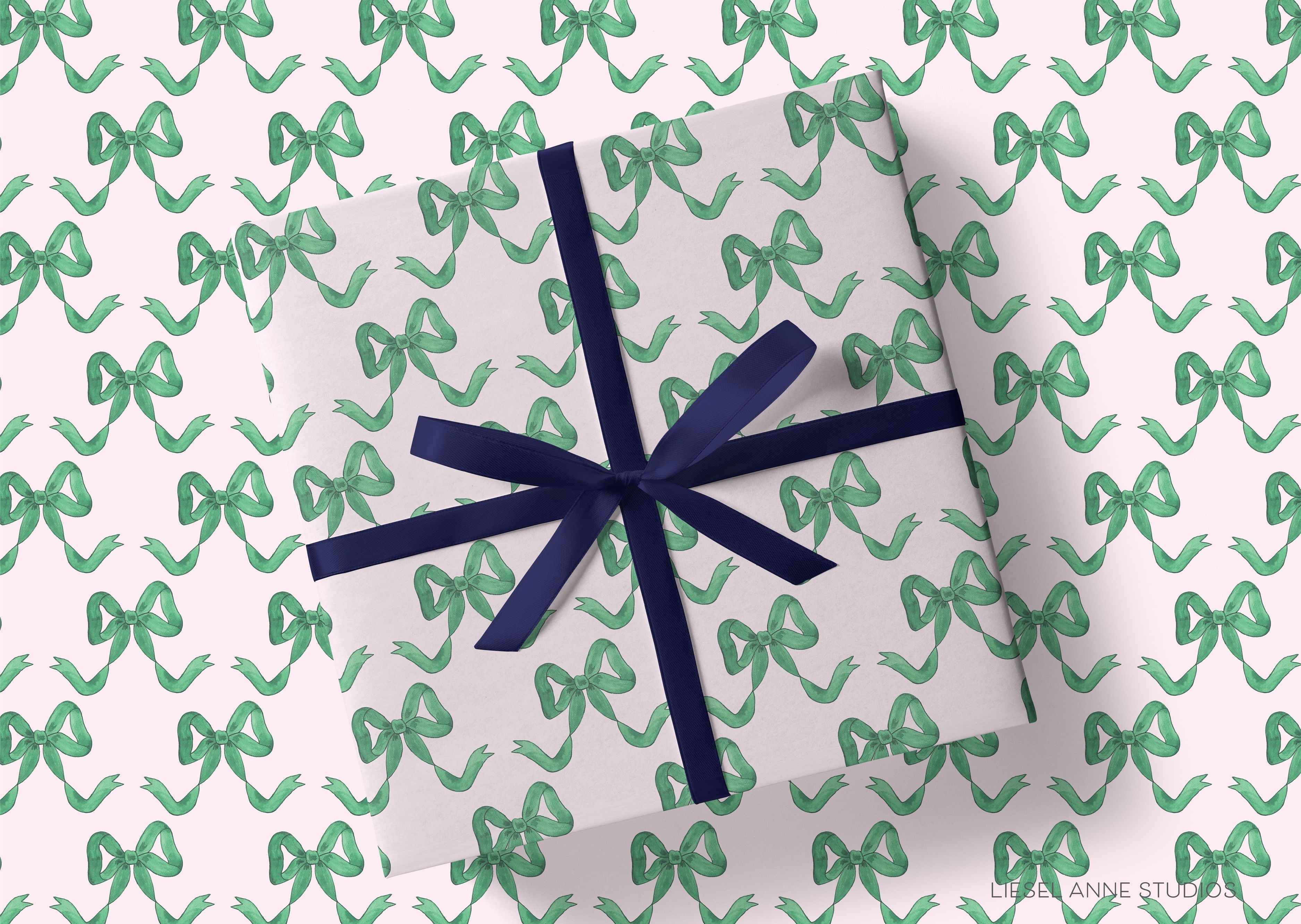 Pink and Green Bow Gift Wrap-This matte finish gift wrap features our hand painted watercolor green bows, making a perfect wrapping paper for a birthday, baby shower or wedding shower.-The Singing Little Bird