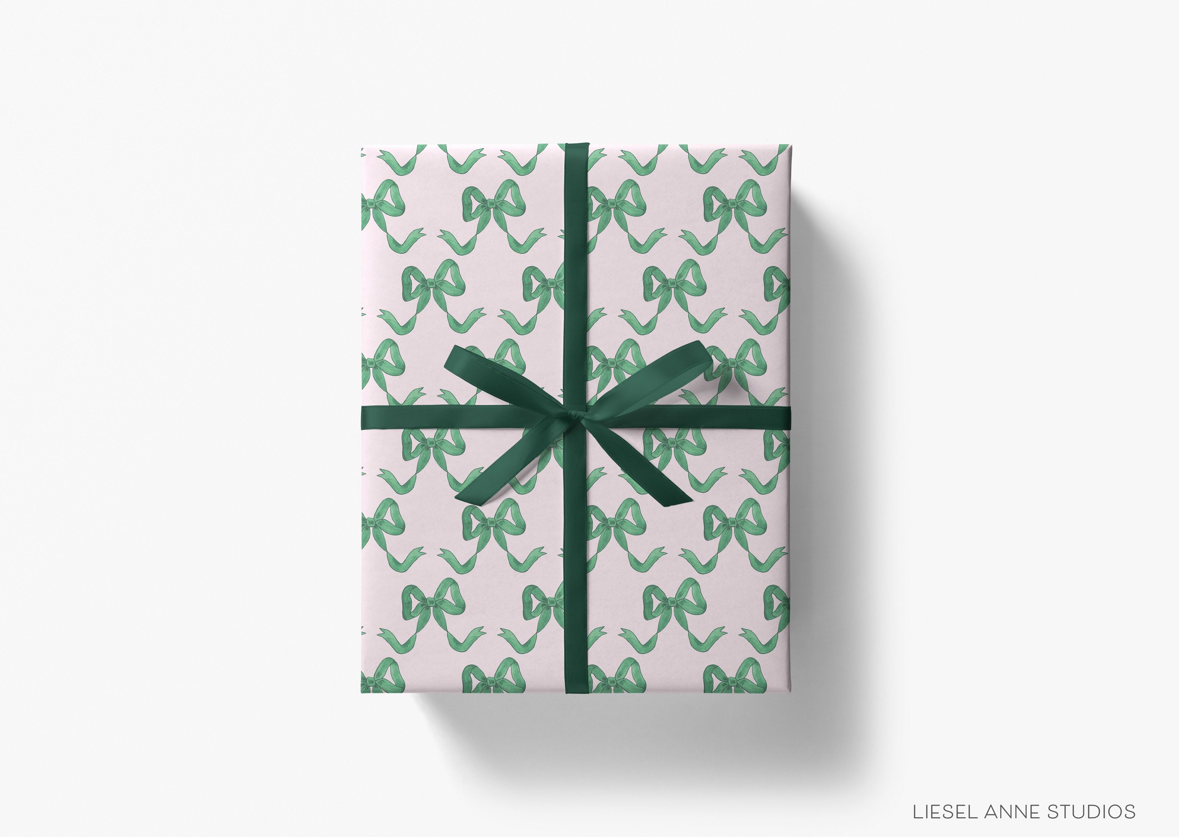 Pink and Green Bow Gift Wrap-This matte finish gift wrap features our hand painted watercolor green bows, making a perfect wrapping paper for a birthday, baby shower or wedding shower.-The Singing Little Bird