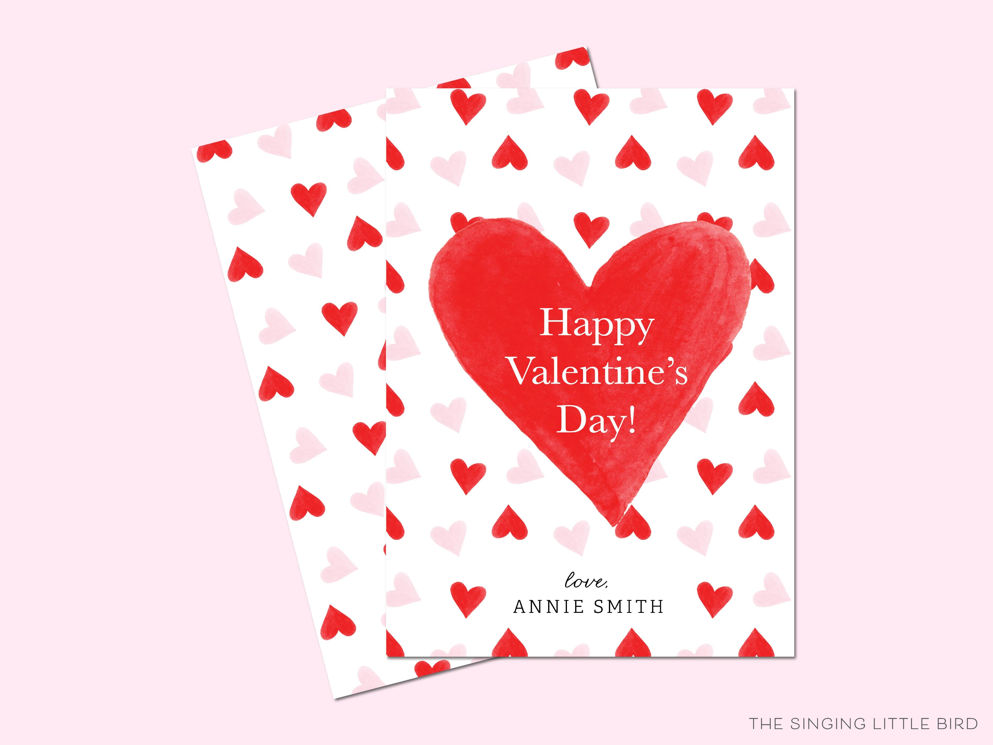 Pink and Red Hearts Valentine's Day Cards-These personalized flat notecards are 3.5" x 4.875 and feature our hand-painted watercolor hearts, printed in the USA on 120lb textured stock. They come with white envelopes and make great Valentine's Day cards for kids and heart lovers in your life.-The Singing Little Bird
