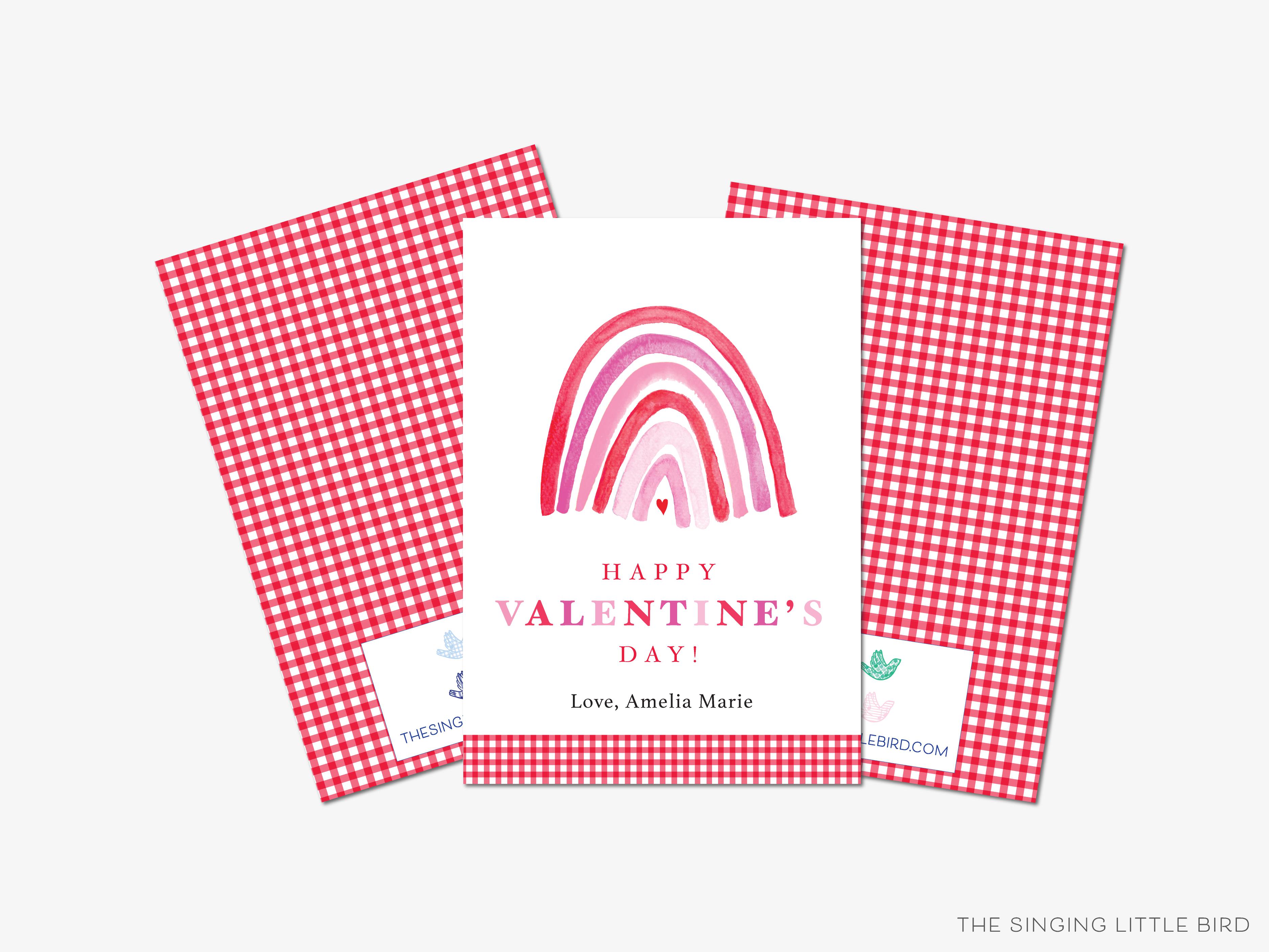 Pink and Red Rainbow Valentine's Day Cards-These personalized flat notecards are 3.5" x 4.875 and feature our hand-painted watercolor rainbow, printed in the USA on 120lb textured stock. They come with white envelopes and make great Valentine's Day cards for kids and rainbow lovers in your life.-The Singing Little Bird