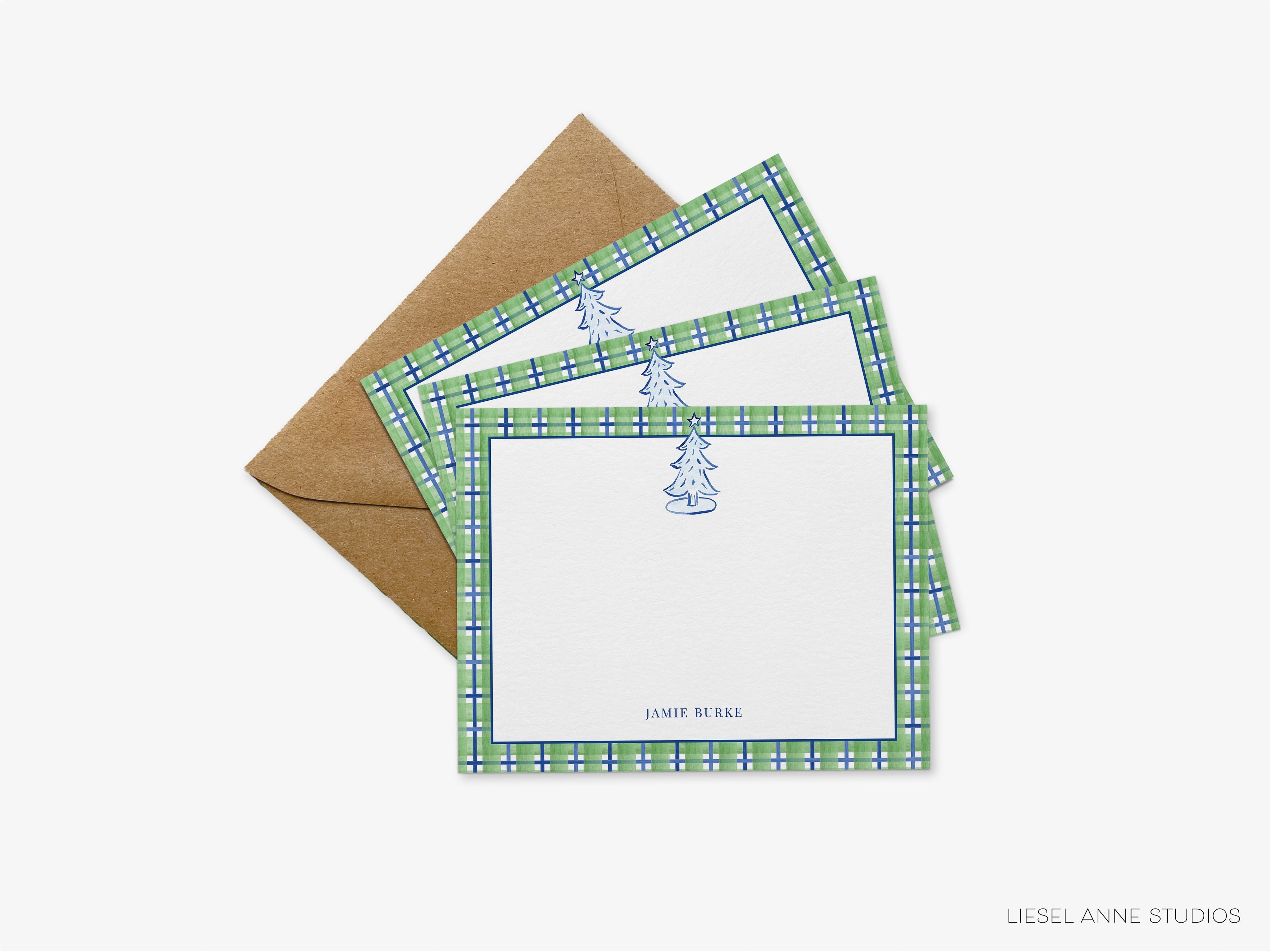 Plaid Christmas Tree Flat Notes-These personalized flat notecards are 4.25x5.5 and feature our hand-painted watercolor blue and green plaid and Christmas tree, printed in the USA on 120lb textured stock. They come with your choice of envelopes and make great thank yous and gifts for the holiday lover in your life.-The Singing Little Bird