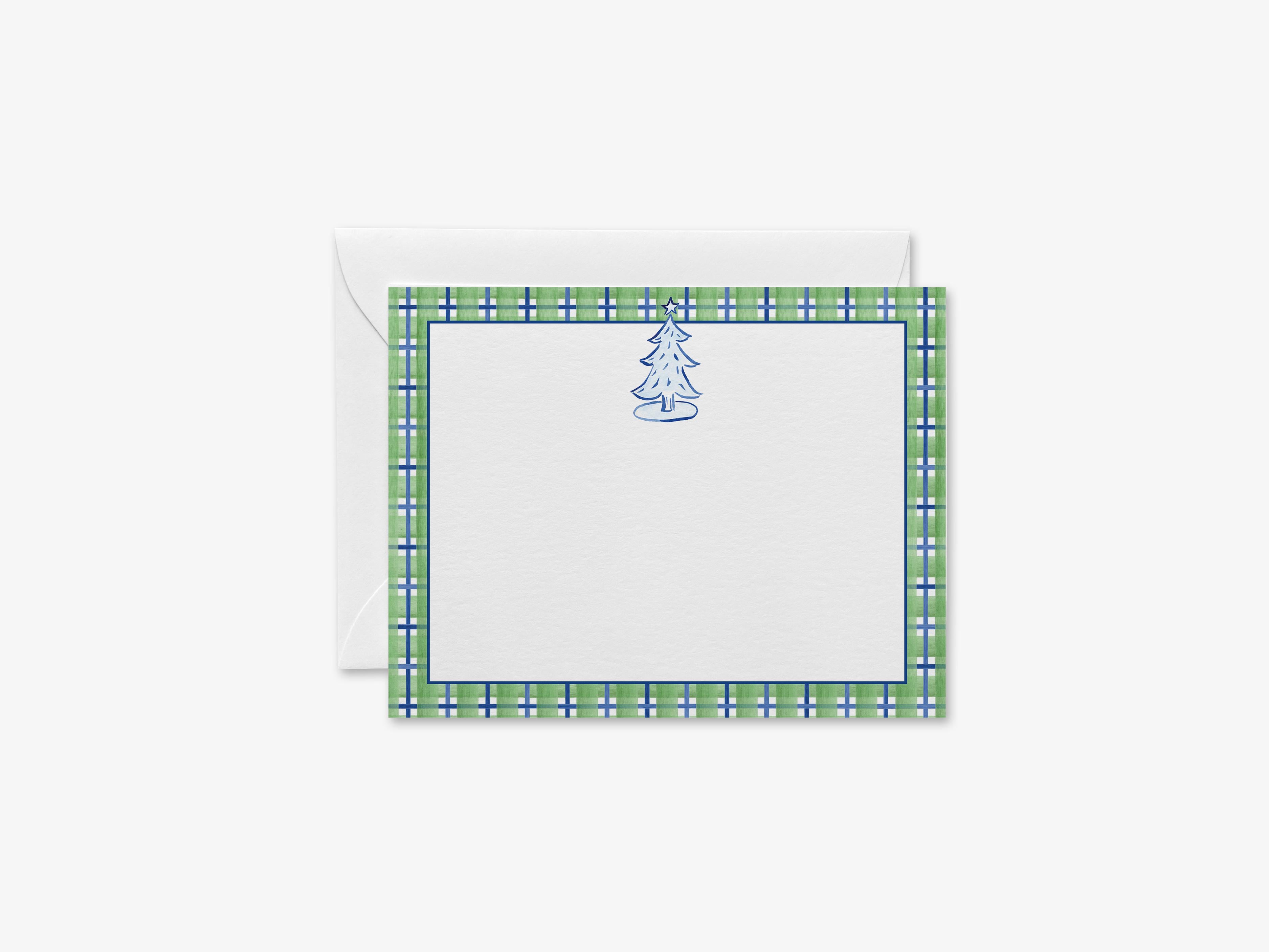 Plaid Christmas Tree Flat Notes-These personalized flat notecards are 4.25x5.5 and feature our hand-painted watercolor blue and green plaid and Christmas tree, printed in the USA on 120lb textured stock. They come with your choice of envelopes and make great thank yous and gifts for the holiday lover in your life.-The Singing Little Bird