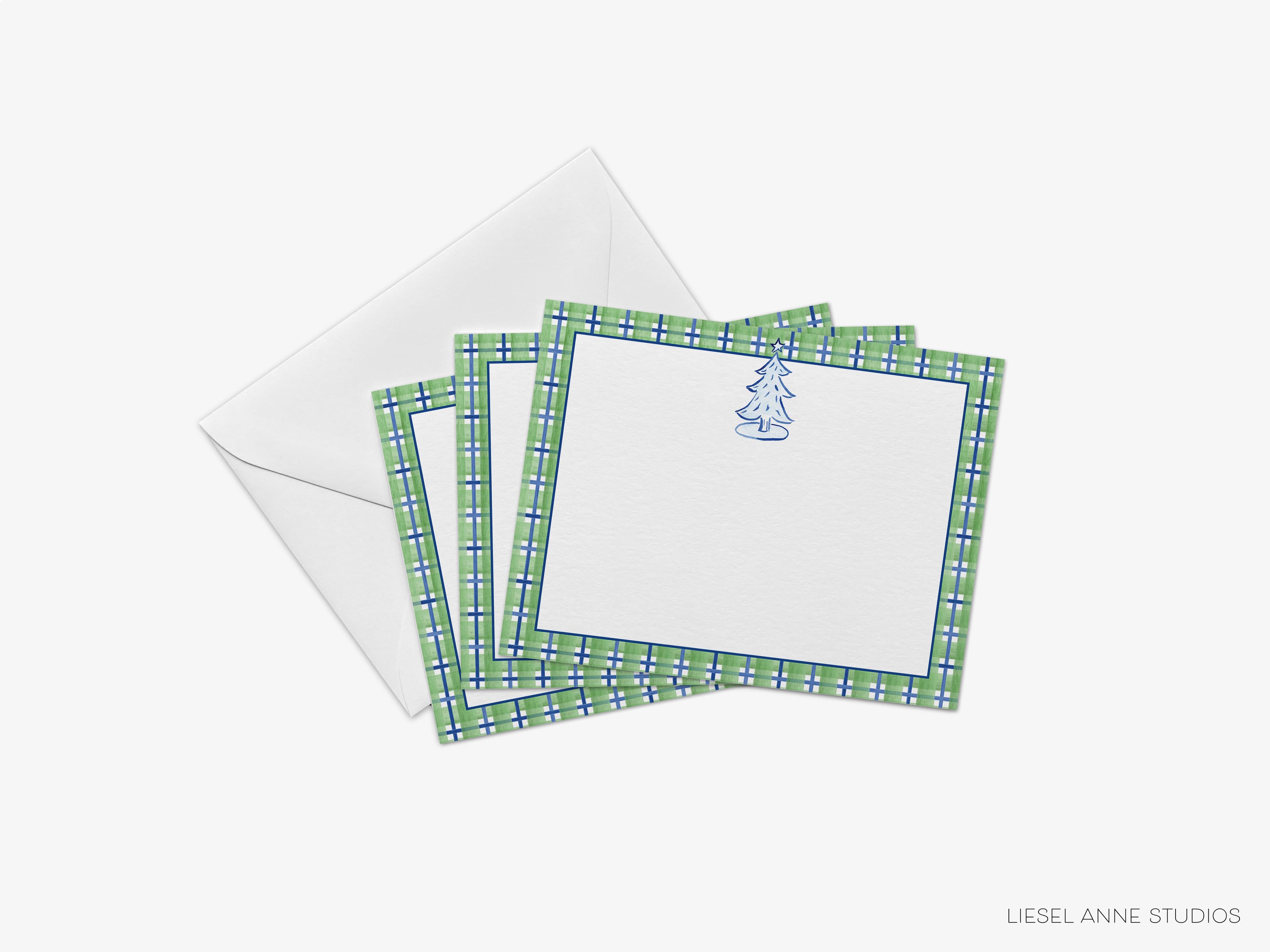 Plaid Christmas Tree Flat Notes-These personalized flat notecards are 4.25x5.5 and feature our hand-painted watercolor blue and green plaid and Christmas tree, printed in the USA on 120lb textured stock. They come with your choice of envelopes and make great thank yous and gifts for the holiday lover in your life.-The Singing Little Bird