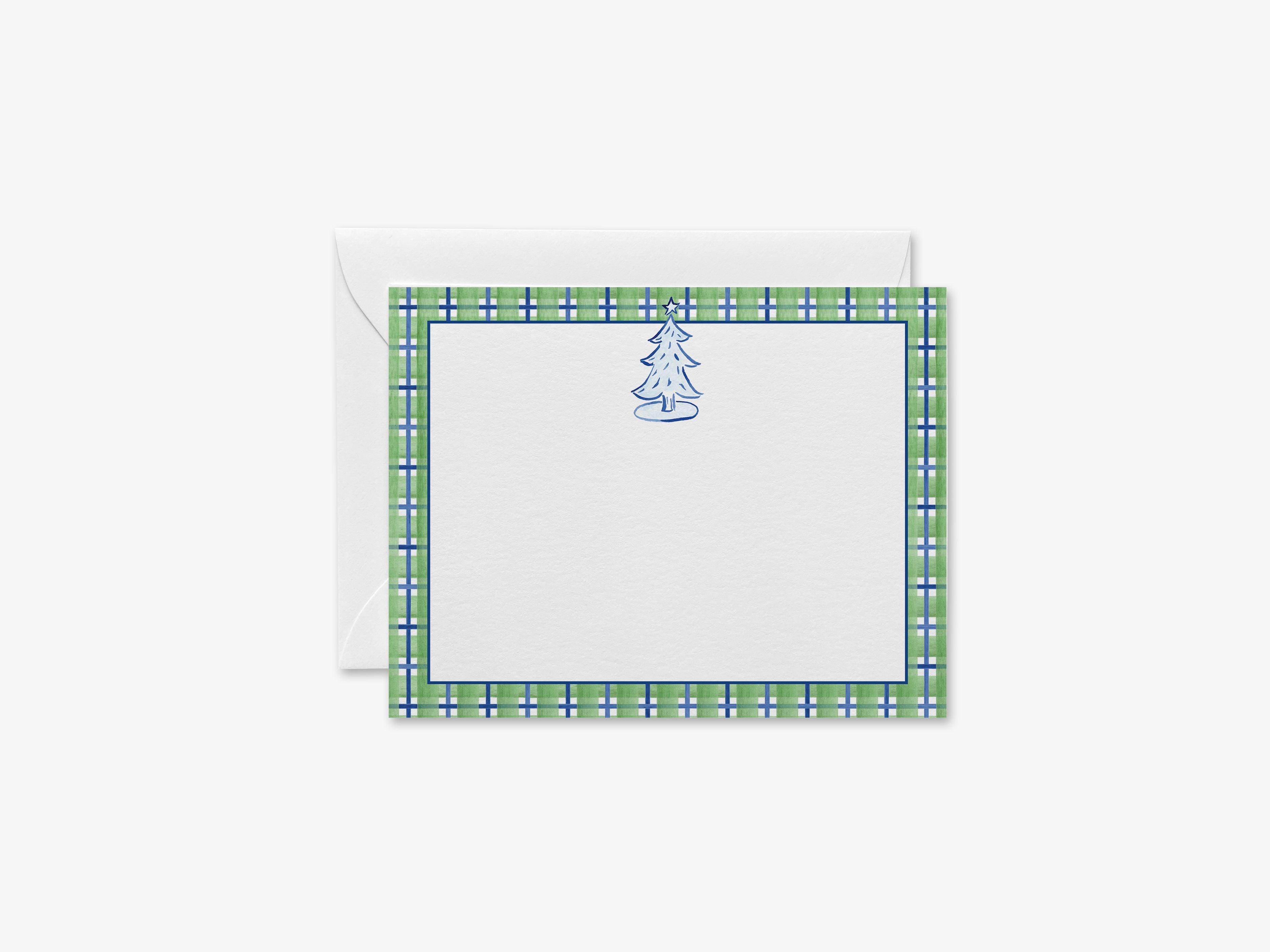 Plaid Christmas Tree Flat Notes [Sets of 8]-These flat notecards are 4.25x5.5 and feature our hand-painted watercolor blue and green plaid and Christmas tree, printed in the USA on 120lb textured stock. They come with white envelopes and make great thank yous and gifts for the holiday lover in your life.-The Singing Little Bird