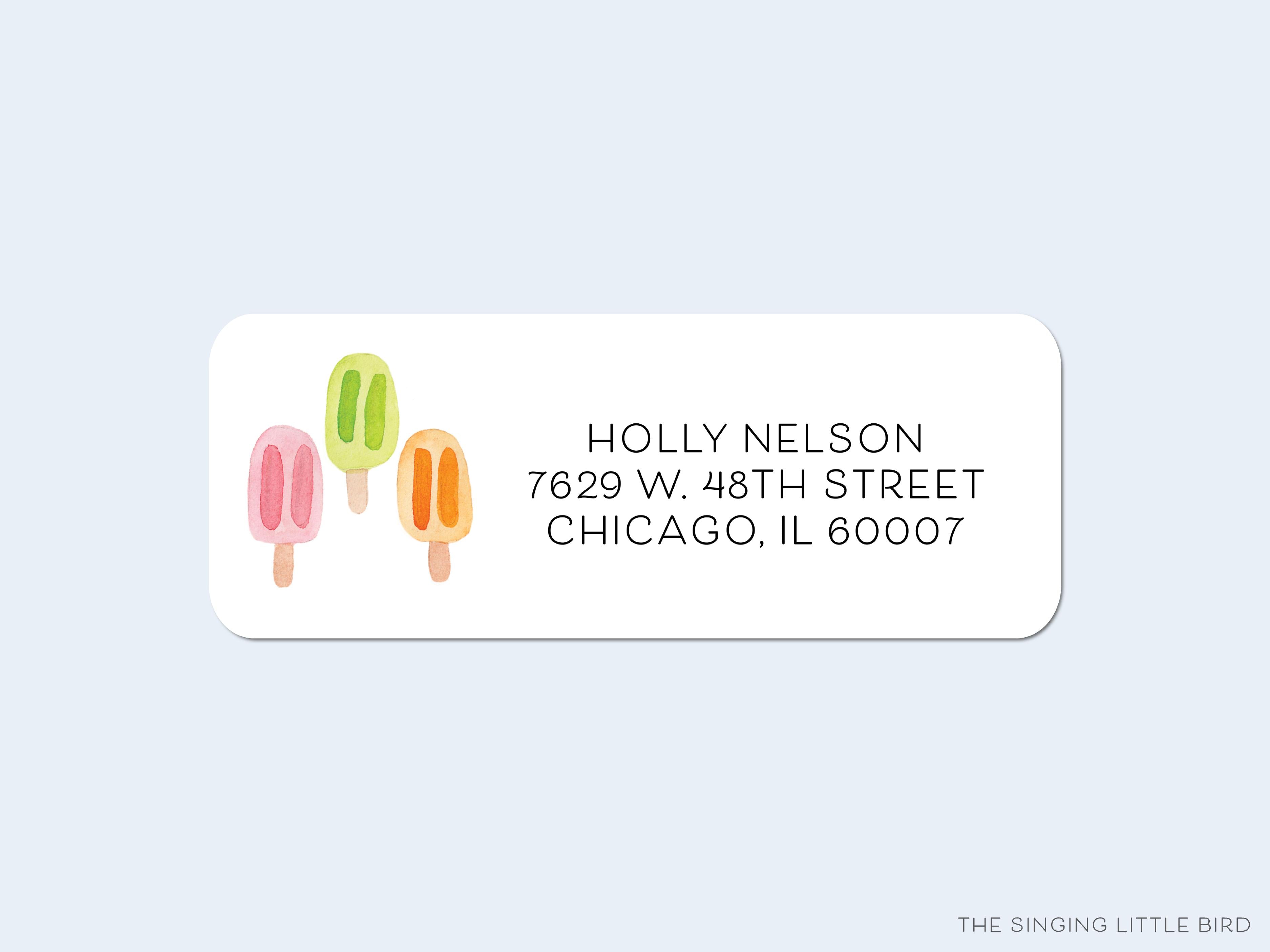 Popsicle Trio Return Address Labels-These personalized return address labels are 2.625" x 1" and feature our hand-painted watercolor Popsicles, printed in the USA on beautiful matte finish labels. These make great gifts for yourself or the frozen treat lover.-The Singing Little Bird