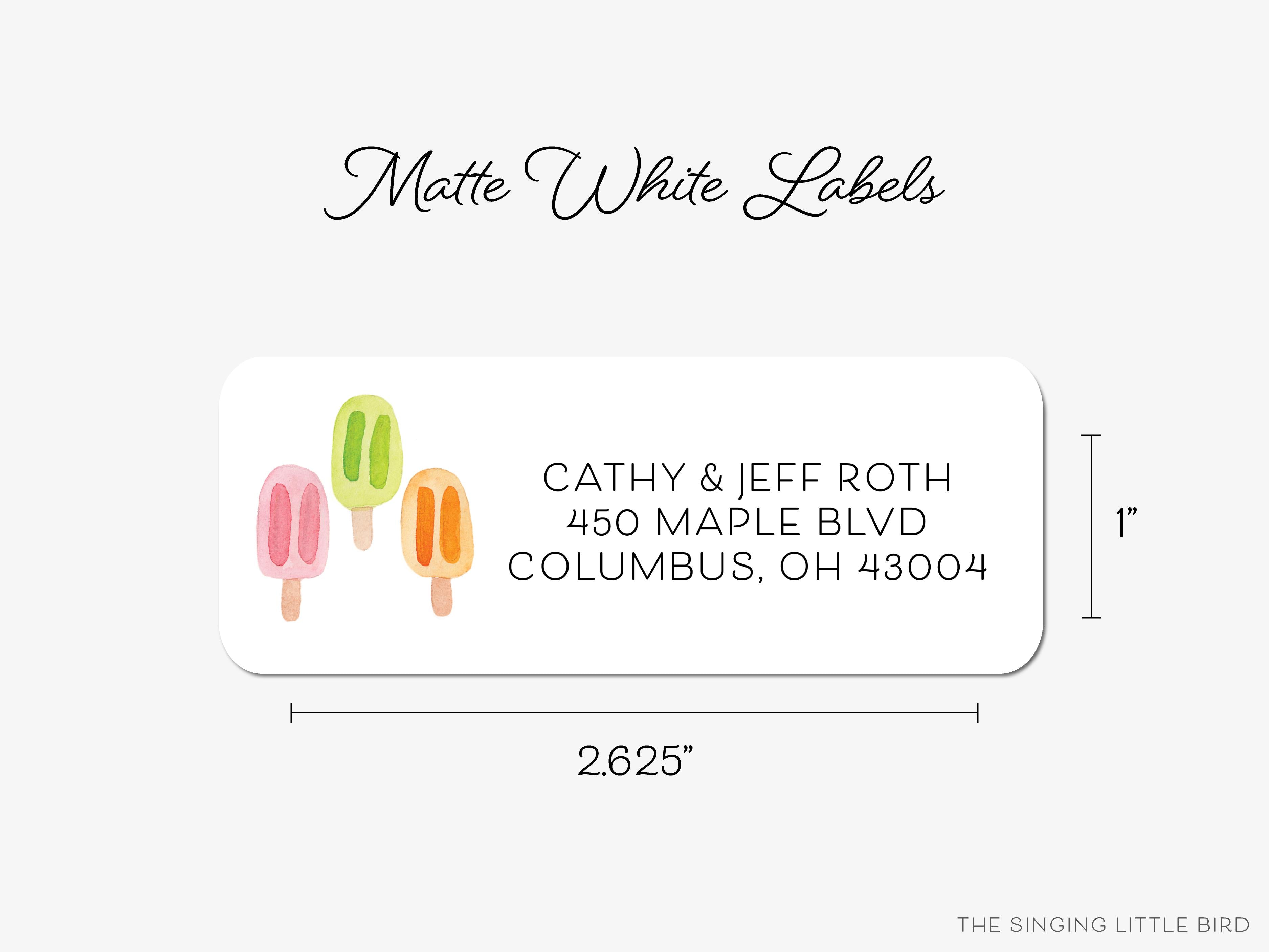 Popsicle Trio Return Address Labels-These personalized return address labels are 2.625" x 1" and feature our hand-painted watercolor Popsicles, printed in the USA on beautiful matte finish labels. These make great gifts for yourself or the frozen treat lover.-The Singing Little Bird