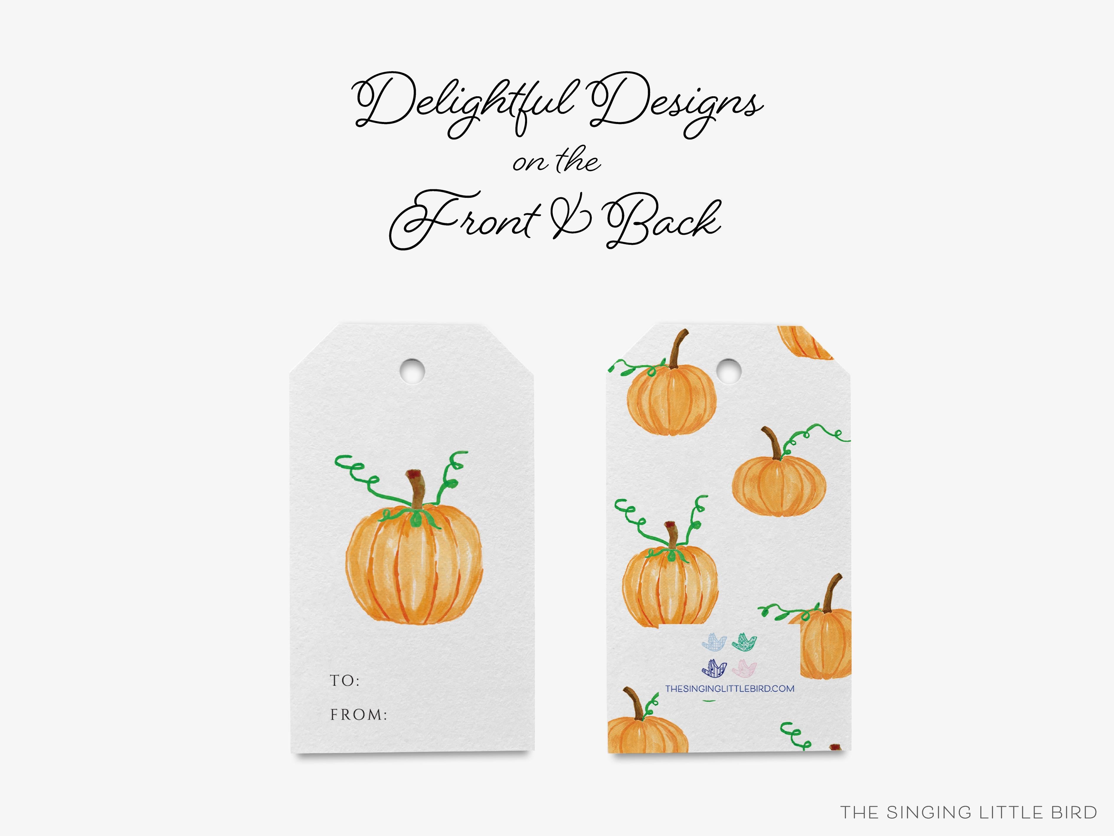 Pumpkin Gift Tags [Set of 8]-These gift tags come in sets, hole-punched with white twine and feature our hand-painted watercolor pumpkin, printed in the USA on 120lb textured stock. They make great tags for gifting or gifts for the Fall Season lover in your life.-The Singing Little Bird