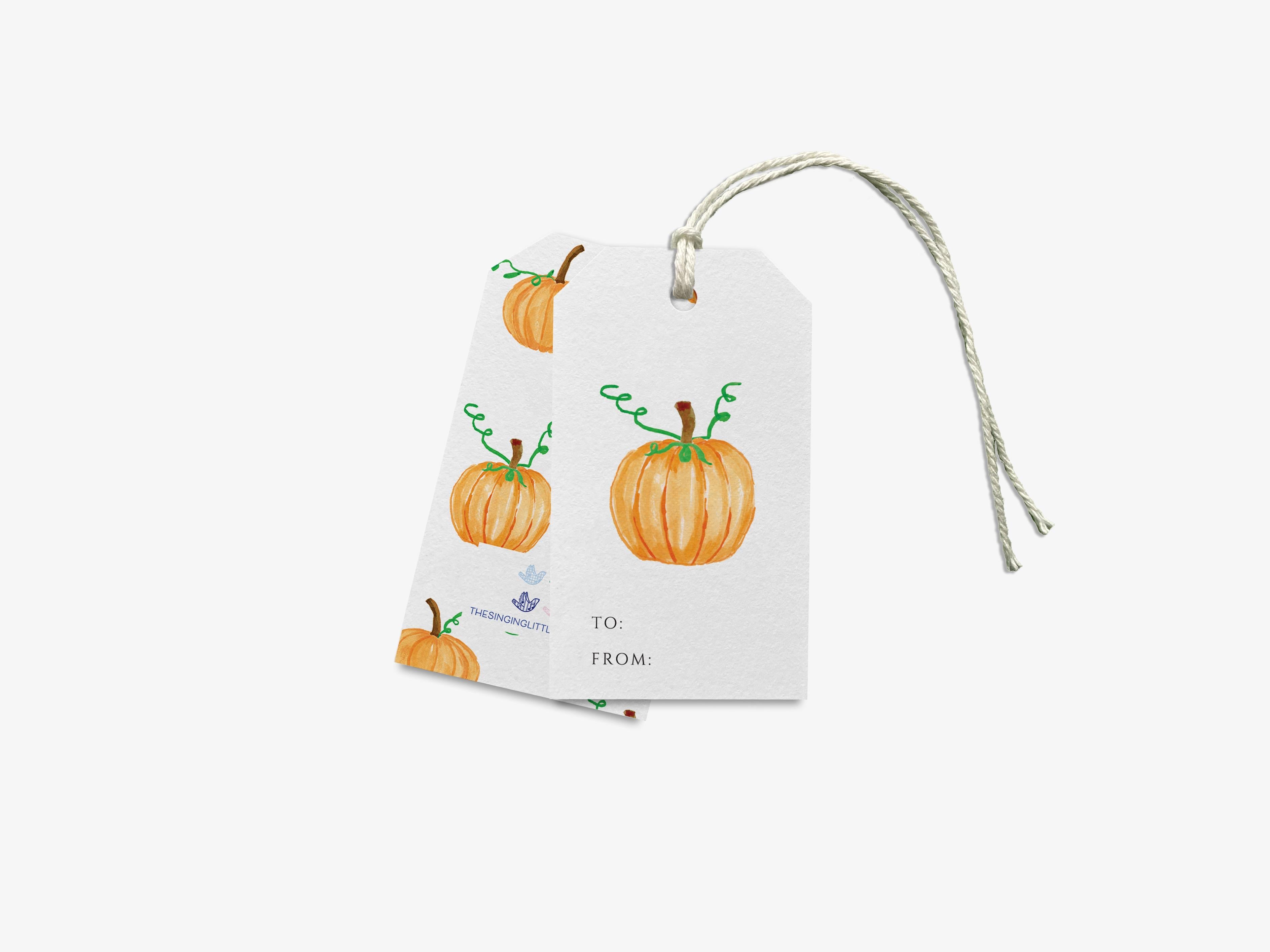 Pumpkin Gift Tags [Set of 8]-These gift tags come in sets, hole-punched with white twine and feature our hand-painted watercolor pumpkin, printed in the USA on 120lb textured stock. They make great tags for gifting or gifts for the Fall Season lover in your life.-The Singing Little Bird