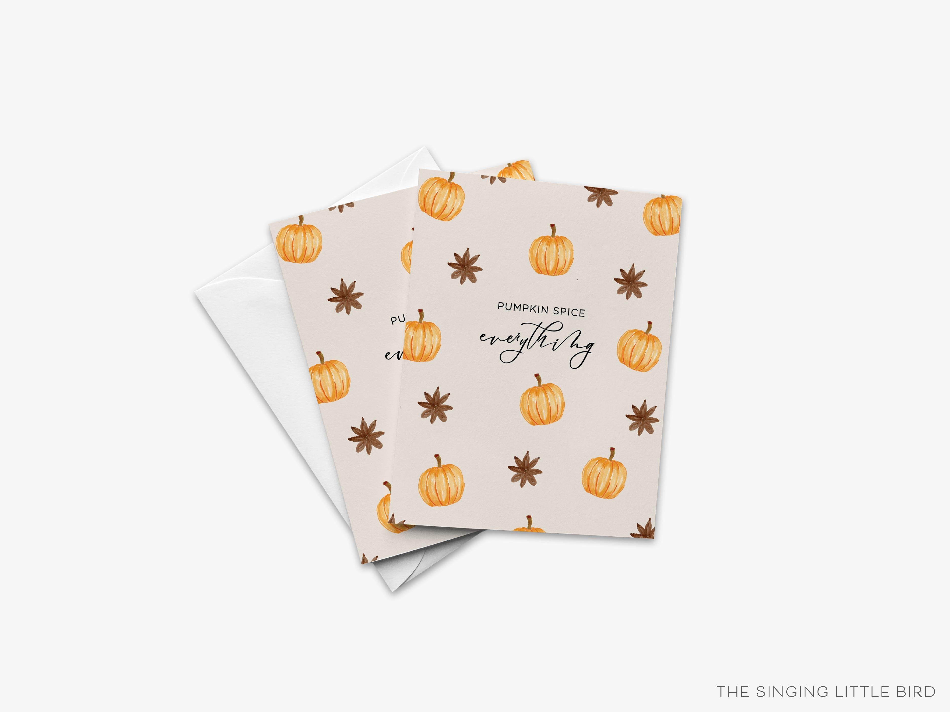 Pumpkin Spice Everything Greeting Card-These folded greeting cards are 4.25x5.5 and feature our hand-painted pumpkins, printed in the USA on 100lb textured stock. They come with a White envelope and make a great just because or thinking of you card for the pumpkin spice lover in your life.-The Singing Little Bird
