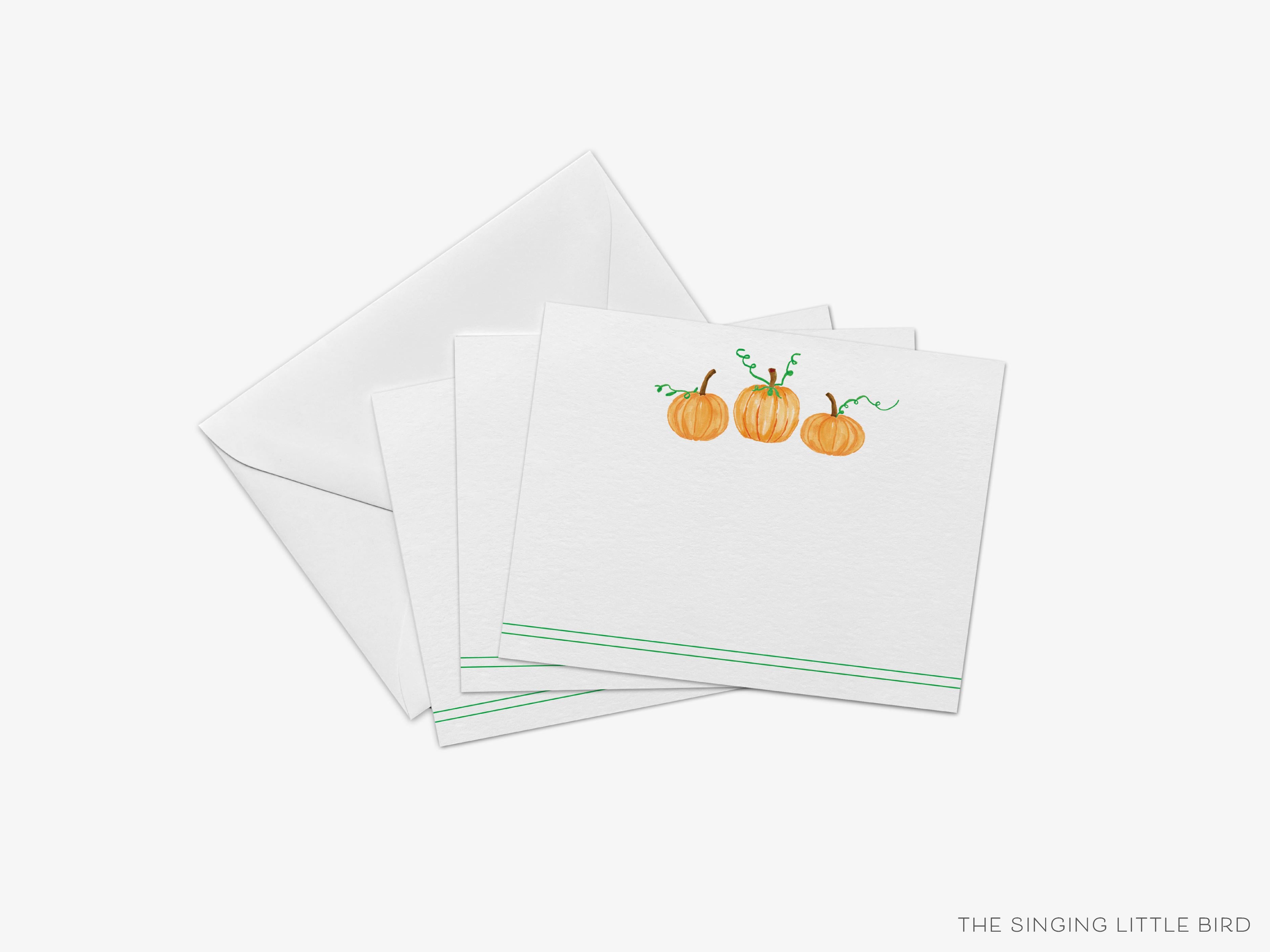 Pumpkin Trio Flat Notes [Sets of 8]-These flat notecards are 4.25x5.5 and feature our hand-painted watercolor pumpkins, printed in the USA on 120lb textured stock. They come with white envelopes and make great thank yous and gifts for the fall time lover in your life.-The Singing Little Bird
