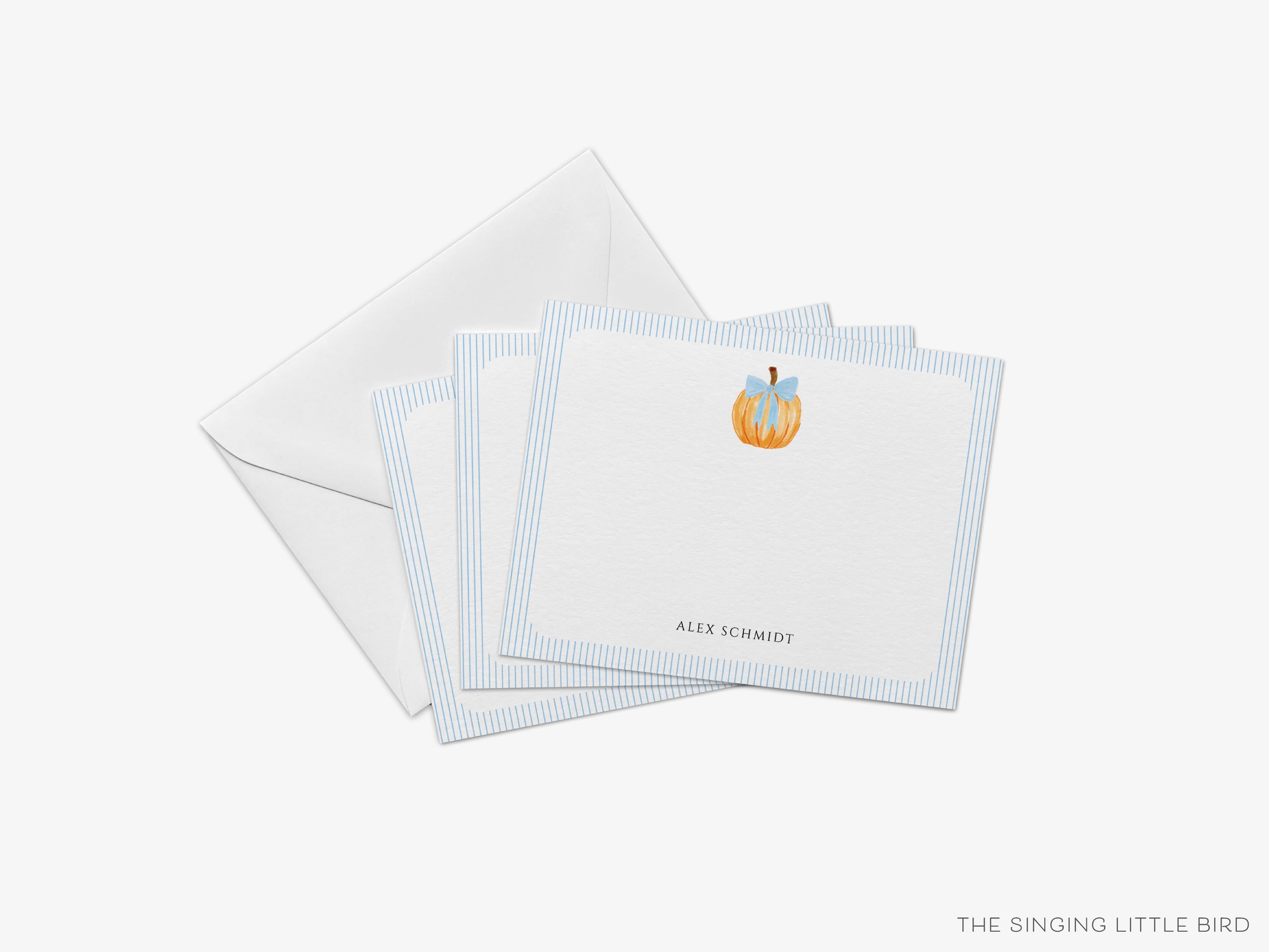 Pumpkin with Stripes Flat Notes-These personalized flat notecards are 4.25x5.5 and feature our hand-painted watercolor pumpkin and stripes, printed in the USA on 120lb textured stock. They come with your choice of envelopes and make great thank yous and gifts for the fall season lover in your life.-The Singing Little Bird