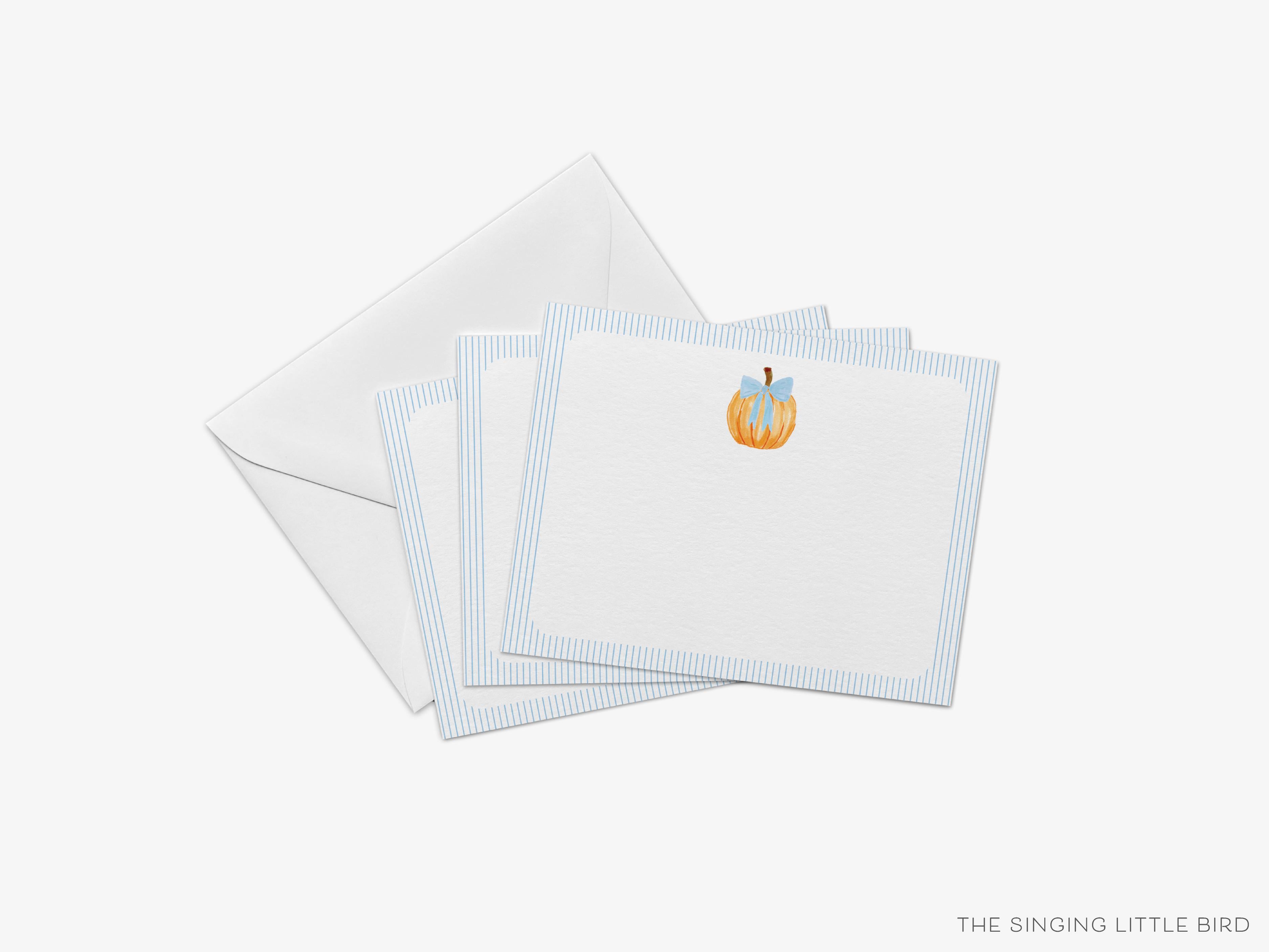 Pumpkin with Stripes Flat Notes-These personalized flat notecards are 4.25x5.5 and feature our hand-painted watercolor pumpkin and stripes, printed in the USA on 120lb textured stock. They come with your choice of envelopes and make great thank yous and gifts for the fall season lover in your life.-The Singing Little Bird