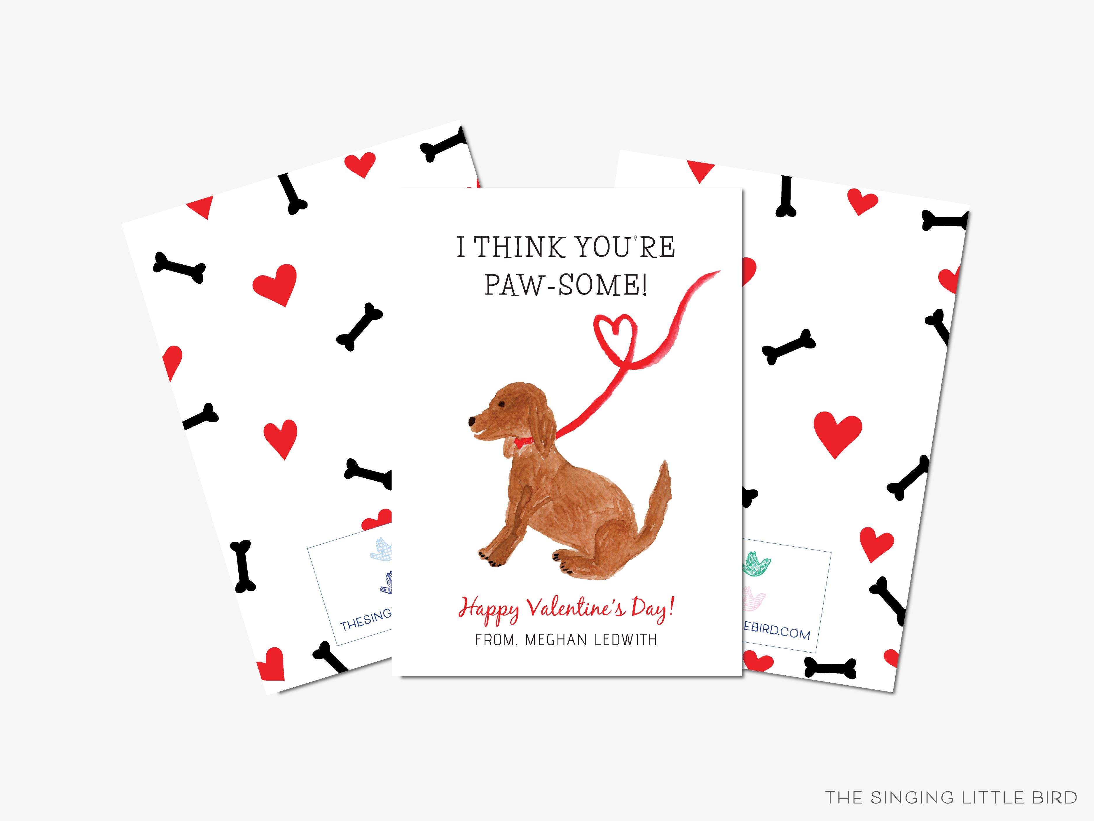 Puppy Dog Valentine's Day Cards-These personalized flat notecards are 3.5" x 4.875 and feature our hand-painted watercolor dog, printed in the USA on 120lb textured stock. They come with white envelopes and make great Valentine's Day cards for kids and puppy lovers in your life.-The Singing Little Bird