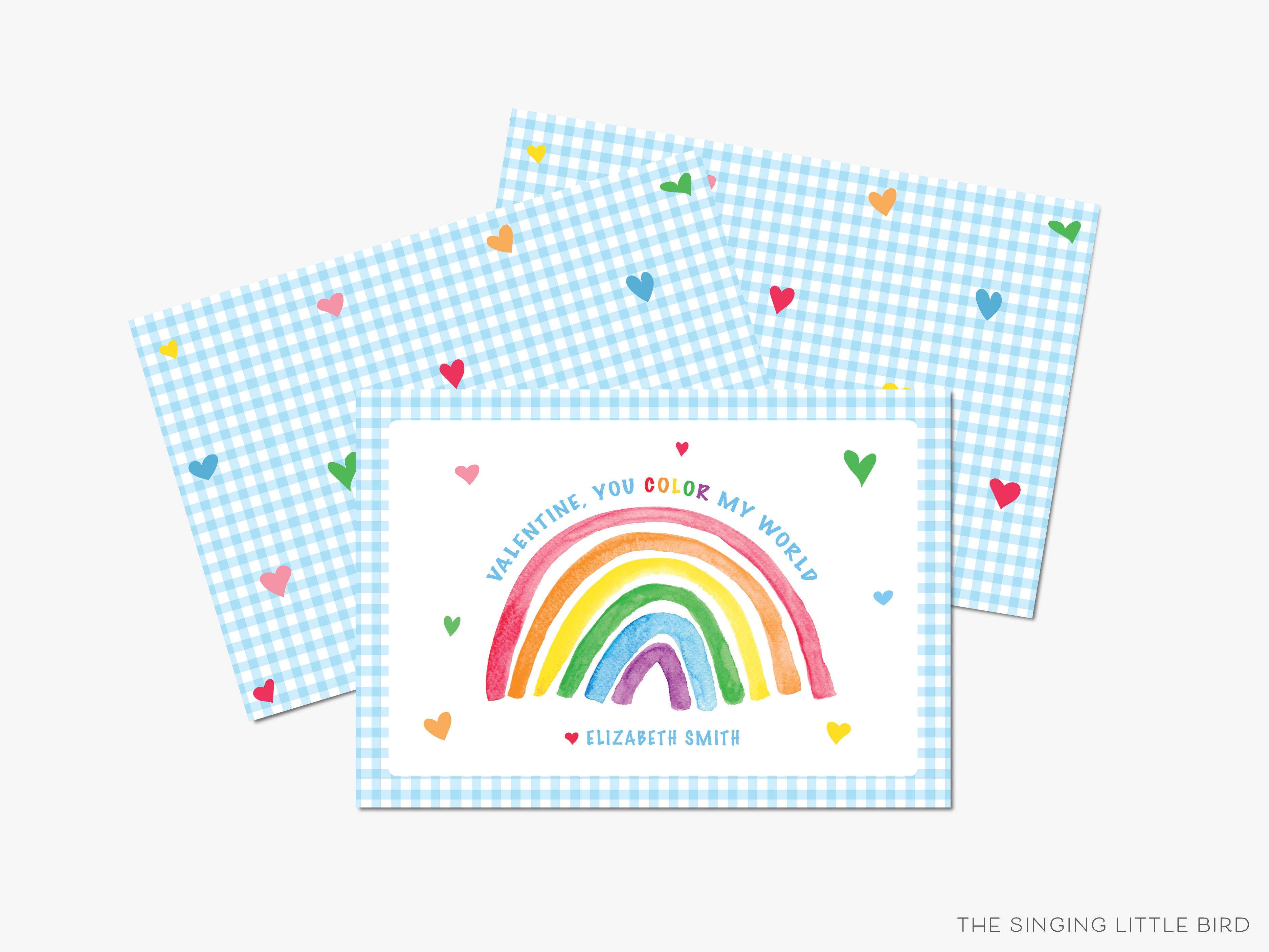 Rainbow Valentine's Day Cards-These personalized flat notecards are 3.5" x 4.875 and feature our hand-painted watercolor rainbow, printed in the USA on 120lb textured stock. They come with white envelopes and make great Valentine's Day cards for kids and rainbow lovers in your life.-The Singing Little Bird