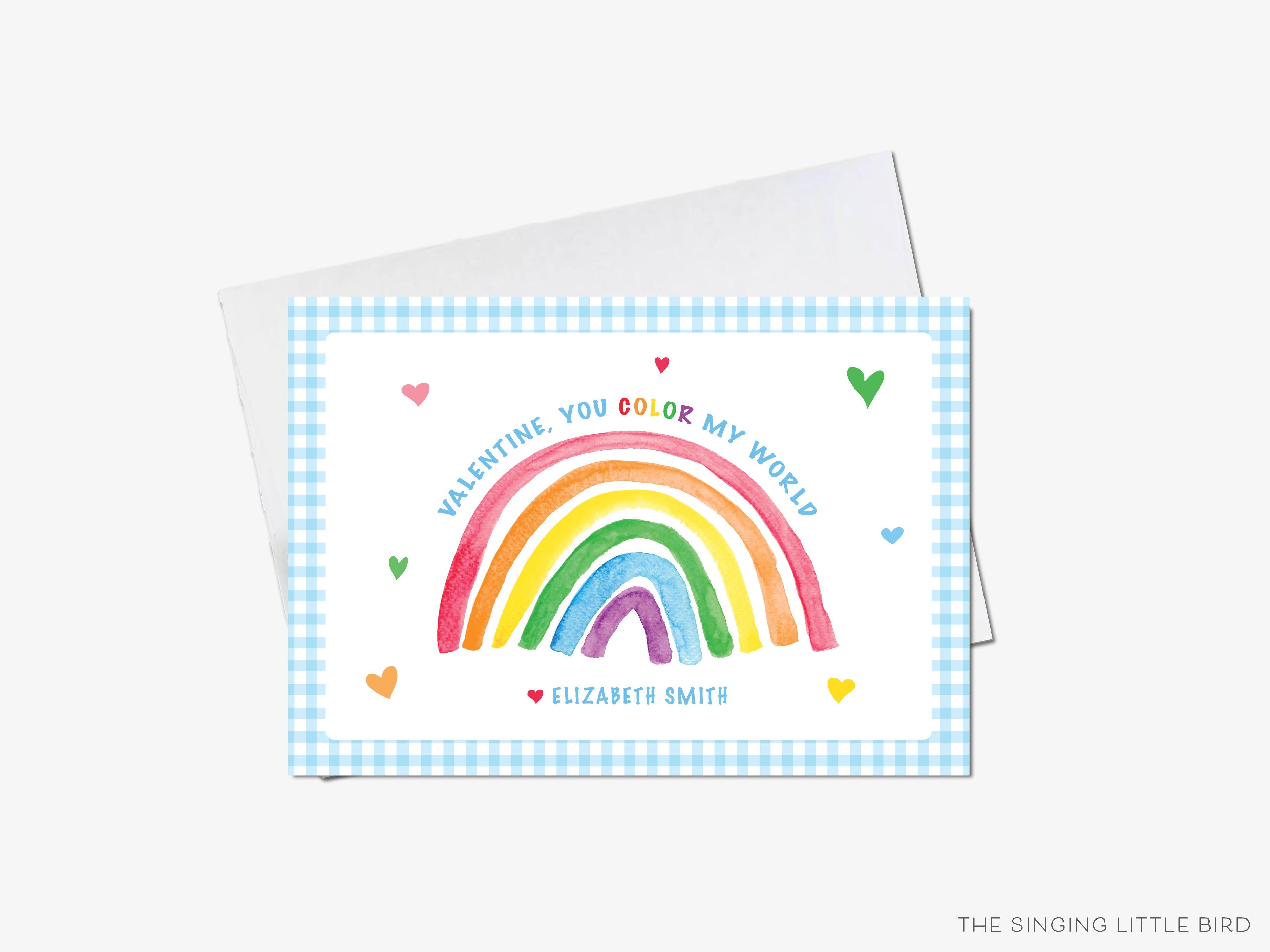 Rainbow Valentine's Day Cards-These personalized flat notecards are 3.5" x 4.875 and feature our hand-painted watercolor rainbow, printed in the USA on 120lb textured stock. They come with white envelopes and make great Valentine's Day cards for kids and rainbow lovers in your life.-The Singing Little Bird