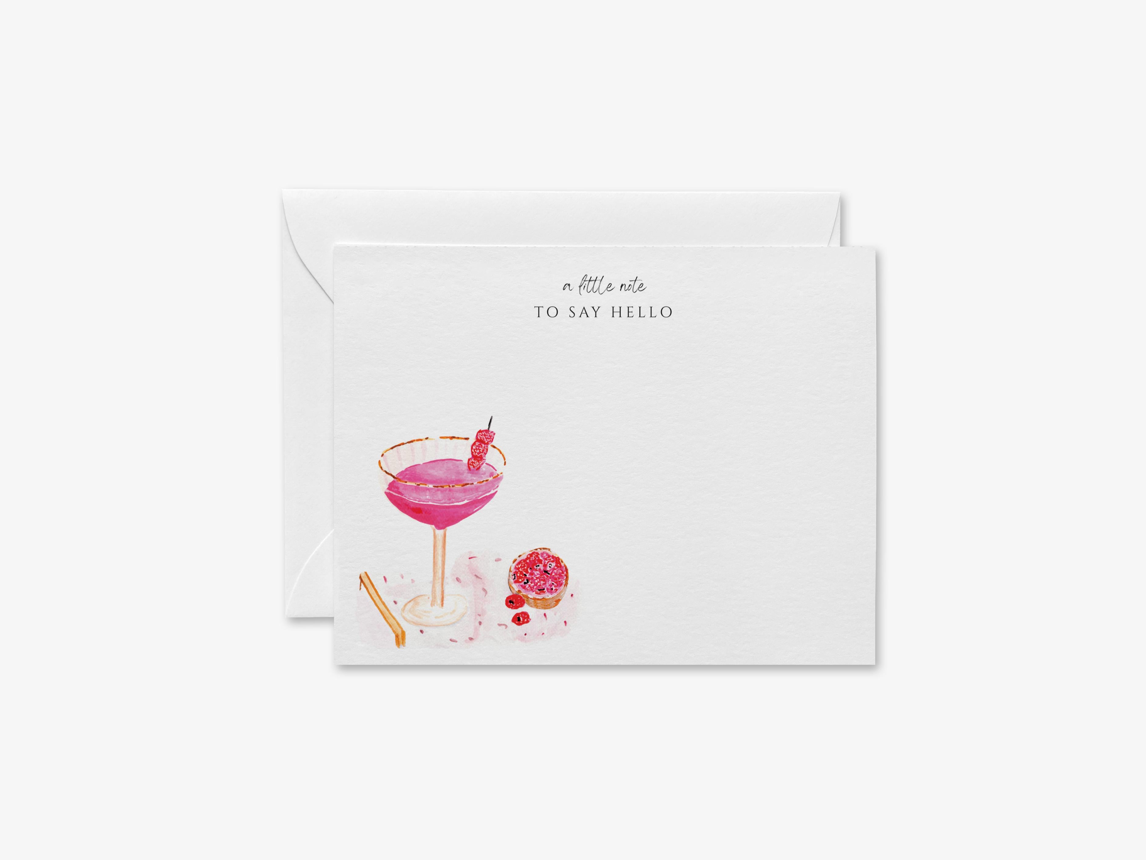 Raspberry Cream Cocktail Flat Notes [Sets of 8]-These flat notecards are 4.25x5.5 and feature our hand-painted watercolor raspberries and cocktail glass, printed in the USA on 120lb textured stock. They come with white envelopes and make great thank yous and gifts for the cocktail lover in your life.-The Singing Little Bird
