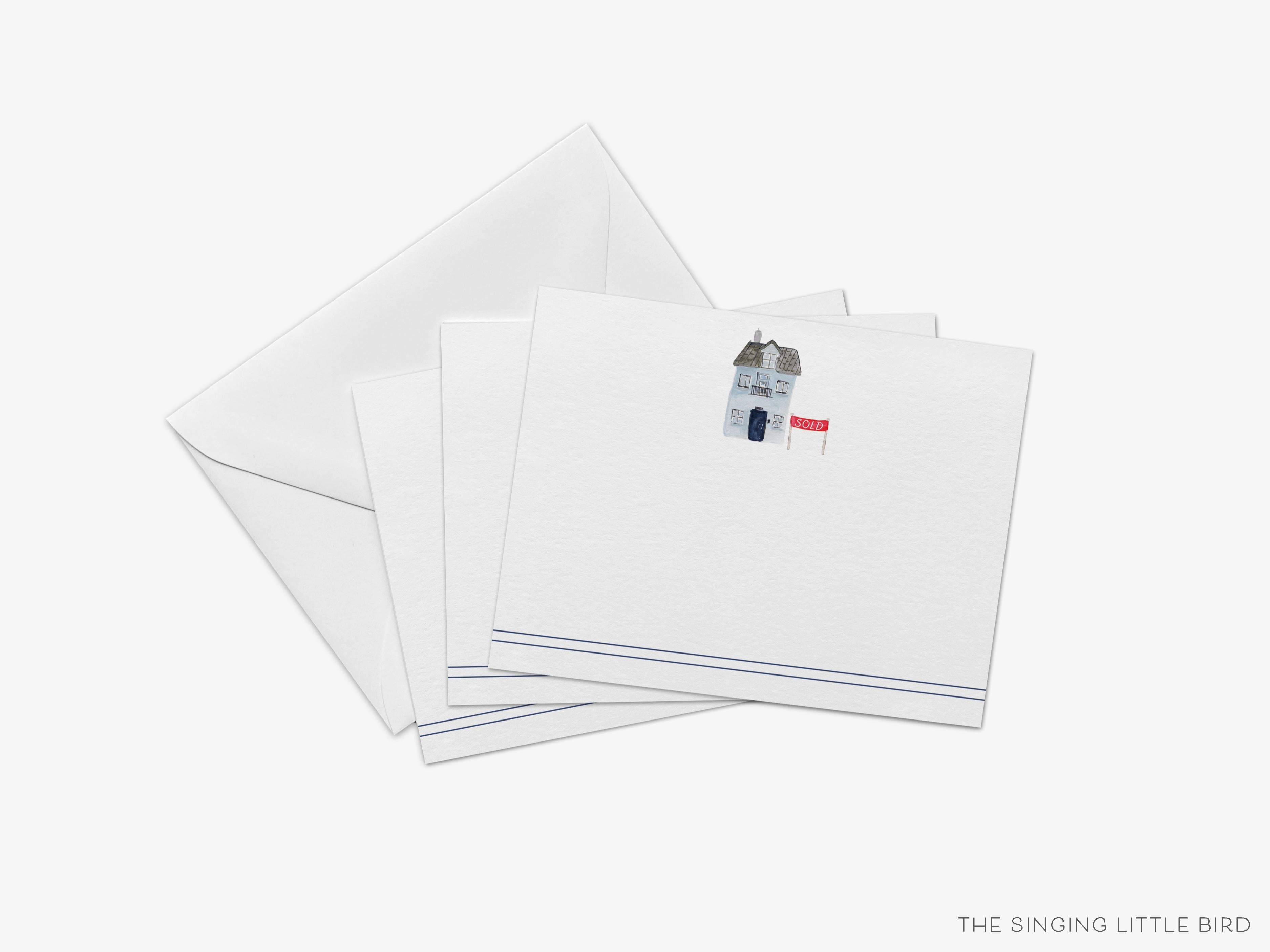 Realtor House Sold Flat Notes [Sets of 8]-These flat notecards are 4.25x5.5 and feature our hand-painted watercolor house, printed in the USA on 120lb textured stock. They come with white envelopes and make great thank yous and gifts for the realtor in your life.-The Singing Little Bird