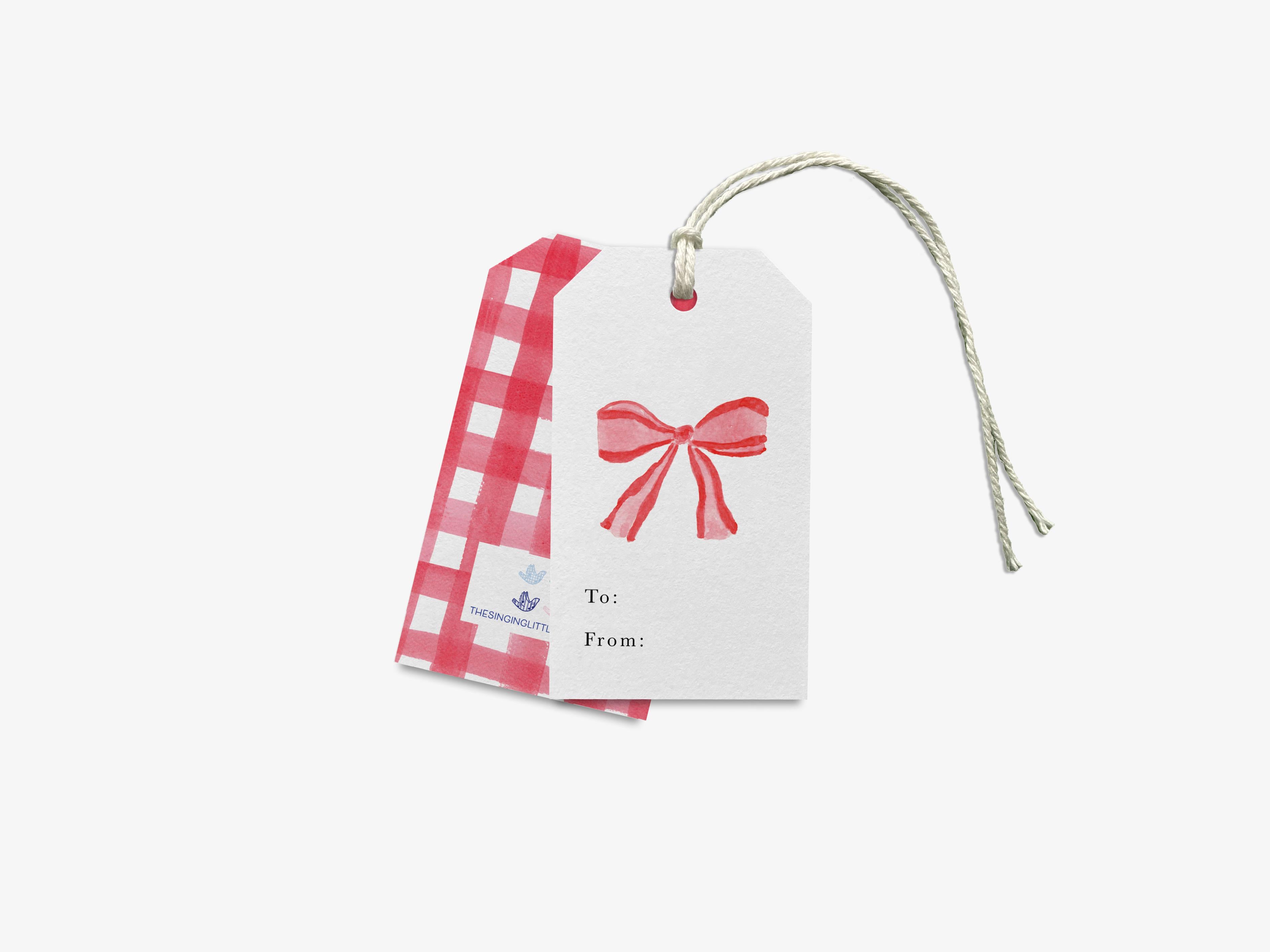 Red Bow Gift Tags [Sets of 8]-These gift tags come in sets, hole-punched with white twine and feature our hand-painted watercolor red bow, printed in the USA on 120lb textured stock. They make great tags for gifting or gifts for the Christmas lover in your life.-The Singing Little Bird