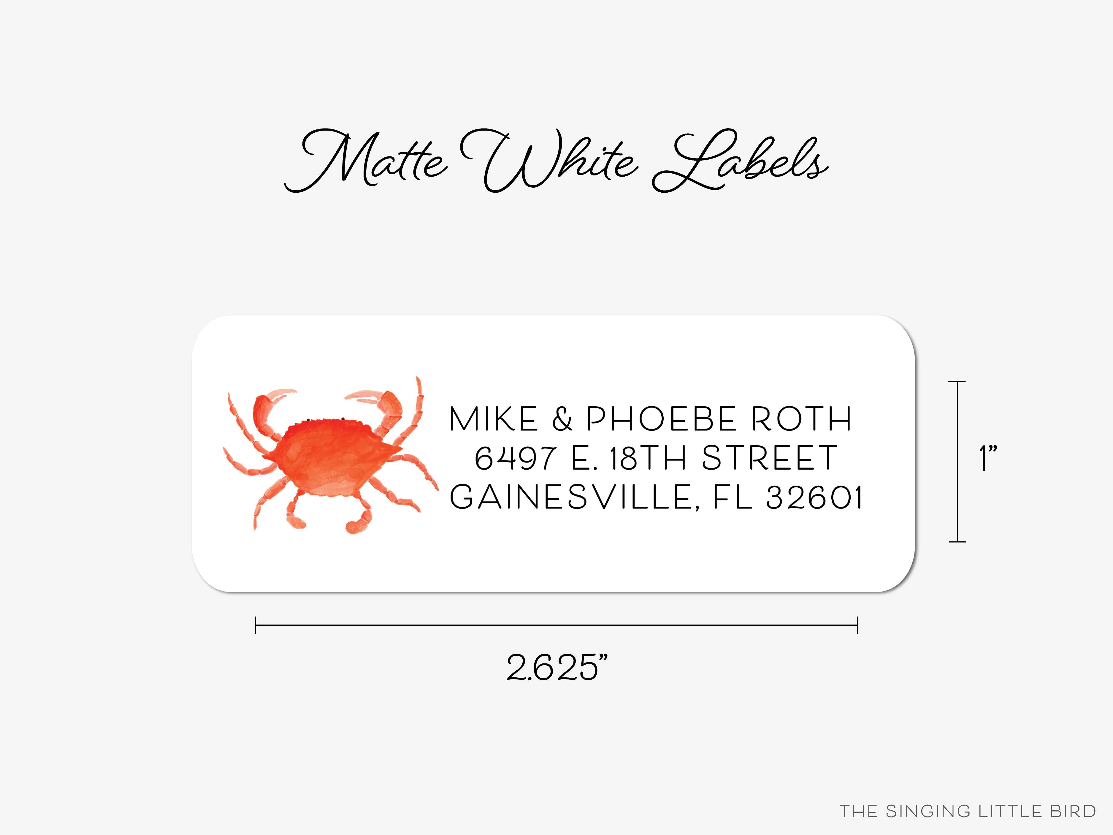 Red Crab Return Address Labels-These personalized return address labels are 2.625" x 1" and feature our hand-painted watercolor Red Crab, printed in the USA on beautiful matte finish labels. These make great gifts for yourself or the beach lover.-The Singing Little Bird