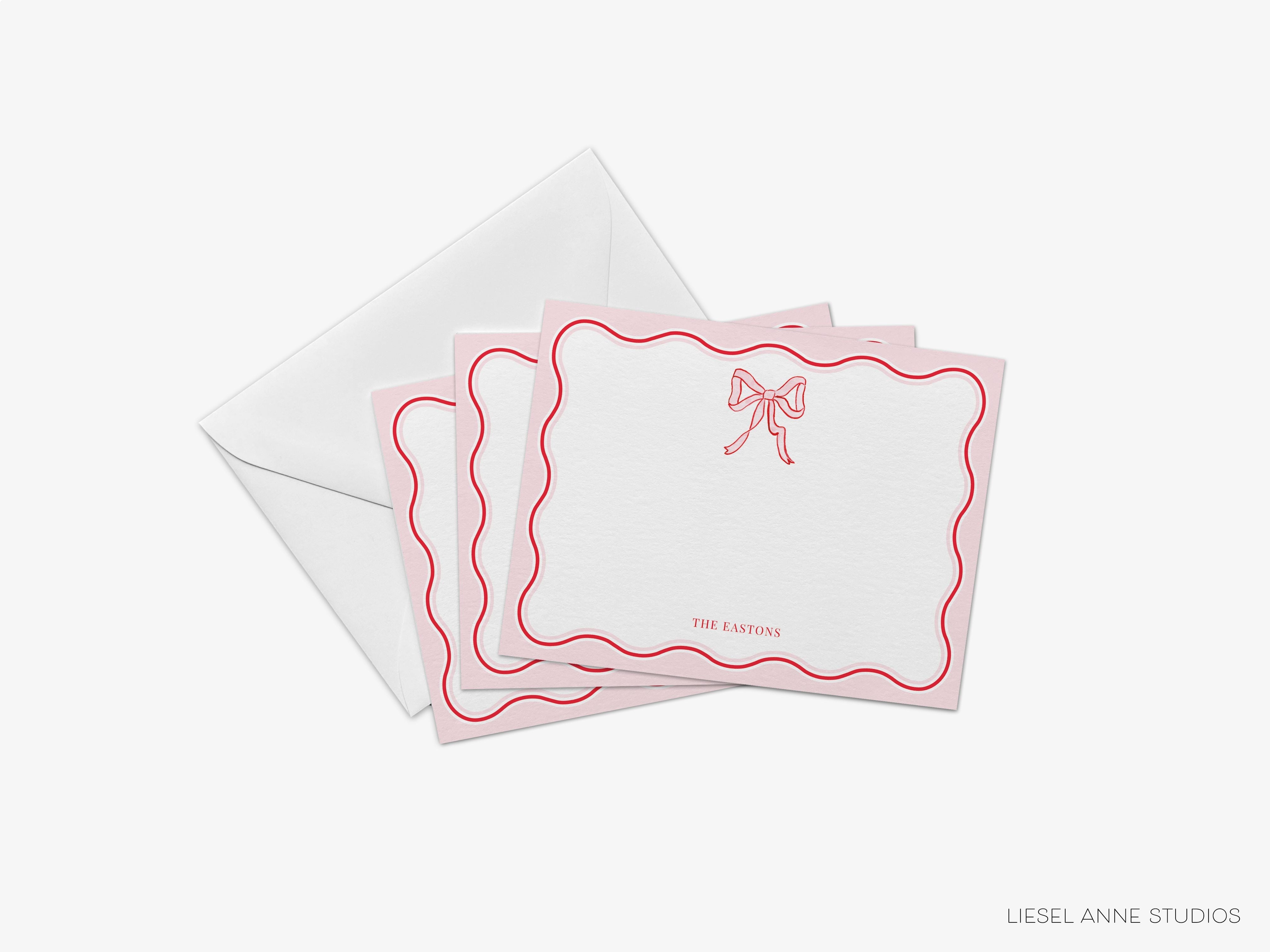 Red & Pink Bow Flat Notes-These personalized flat notecards are 4.25x5.5 and feature our hand-painted watercolor red and pink bow, printed in the USA on 120lb textured stock. They come with your choice of envelopes and make great thank you cards and gifts for the bow lover in your life.-The Singing Little Bird