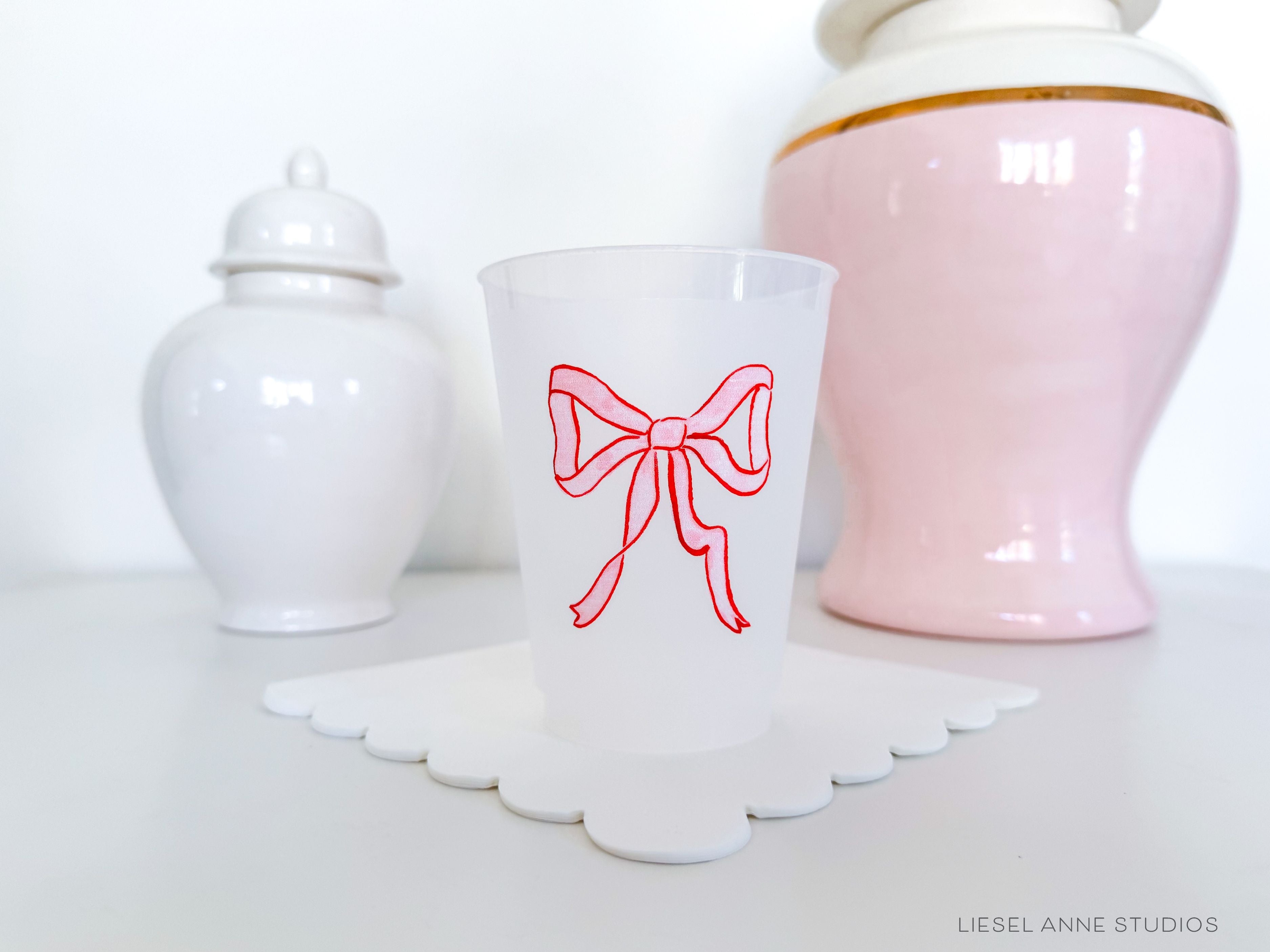 Red & Pink Holiday Bow 16oz Shatterproof Cups [Set of 8]-These shatterproof cups feature our hand-painted preppy red & pink bow and make great party decorations for your holiday gatherings, christmas and valentine's parties, galentine's festivities and more! They come in sets of 8 and are re-usable for other parties to come or make wonderful party favors!-The Singing Little Bird