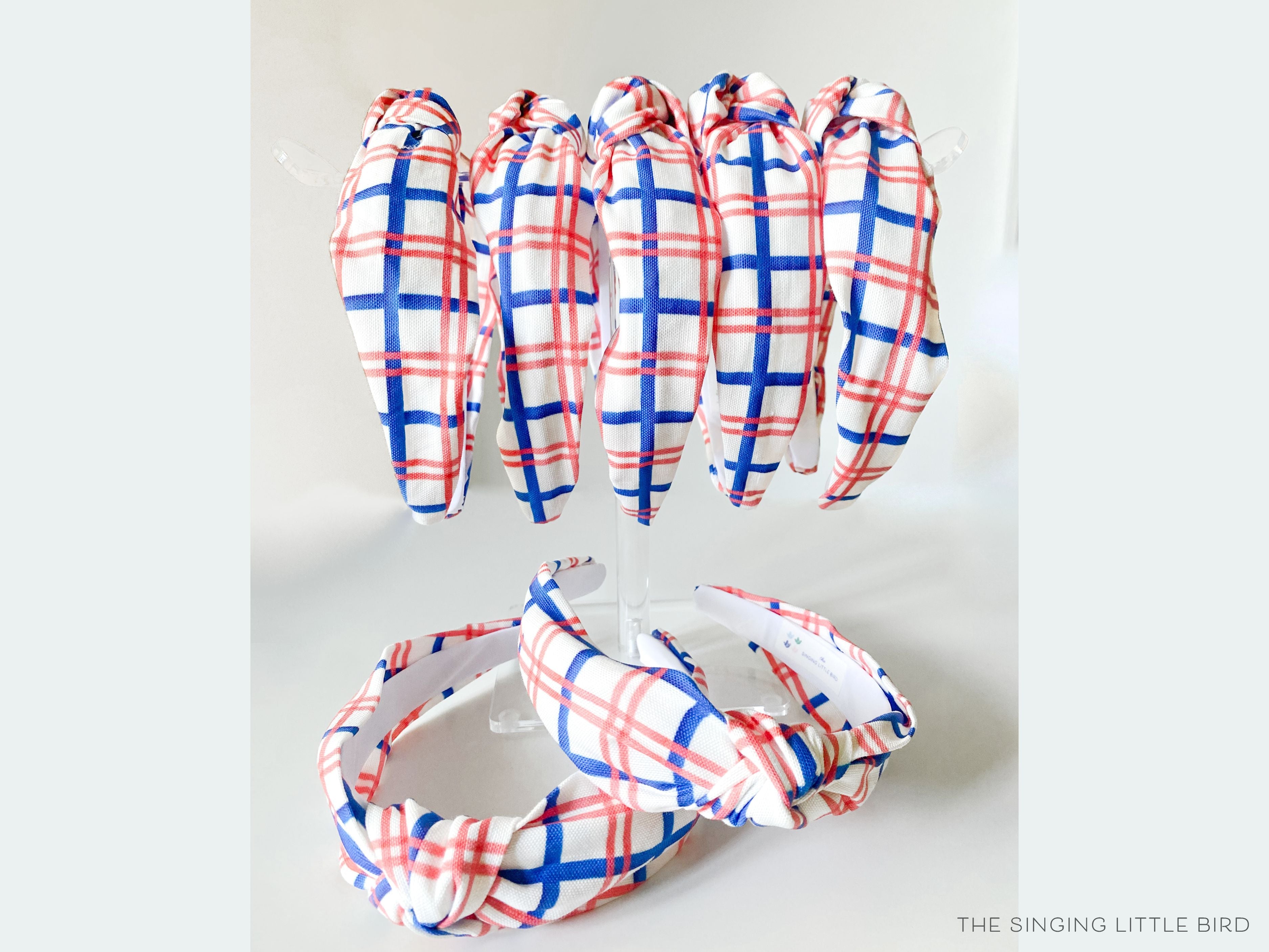 Red and Blue Windowpane Top Knot Headband-These fabric headbands make unique one-of-a-kind gifts as each one is slightly different. They are cut from our hand-painted signature print. These are the perfect accessory and make great gifts!-The Singing Little Bird