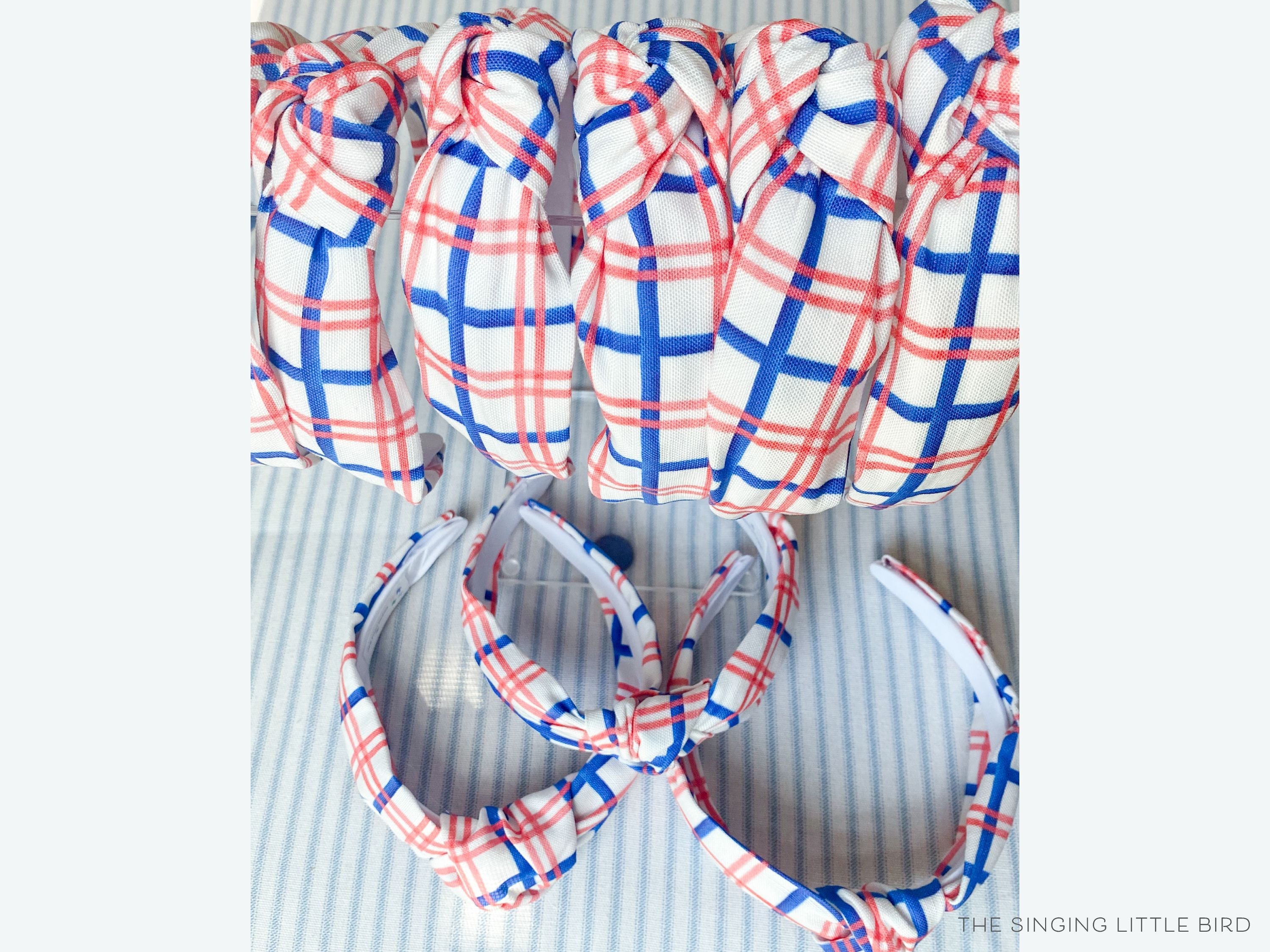Red and Blue Windowpane Top Knot Headband-These fabric headbands make unique one-of-a-kind gifts as each one is slightly different. They are cut from our hand-painted signature print. These are the perfect accessory and make great gifts!-The Singing Little Bird