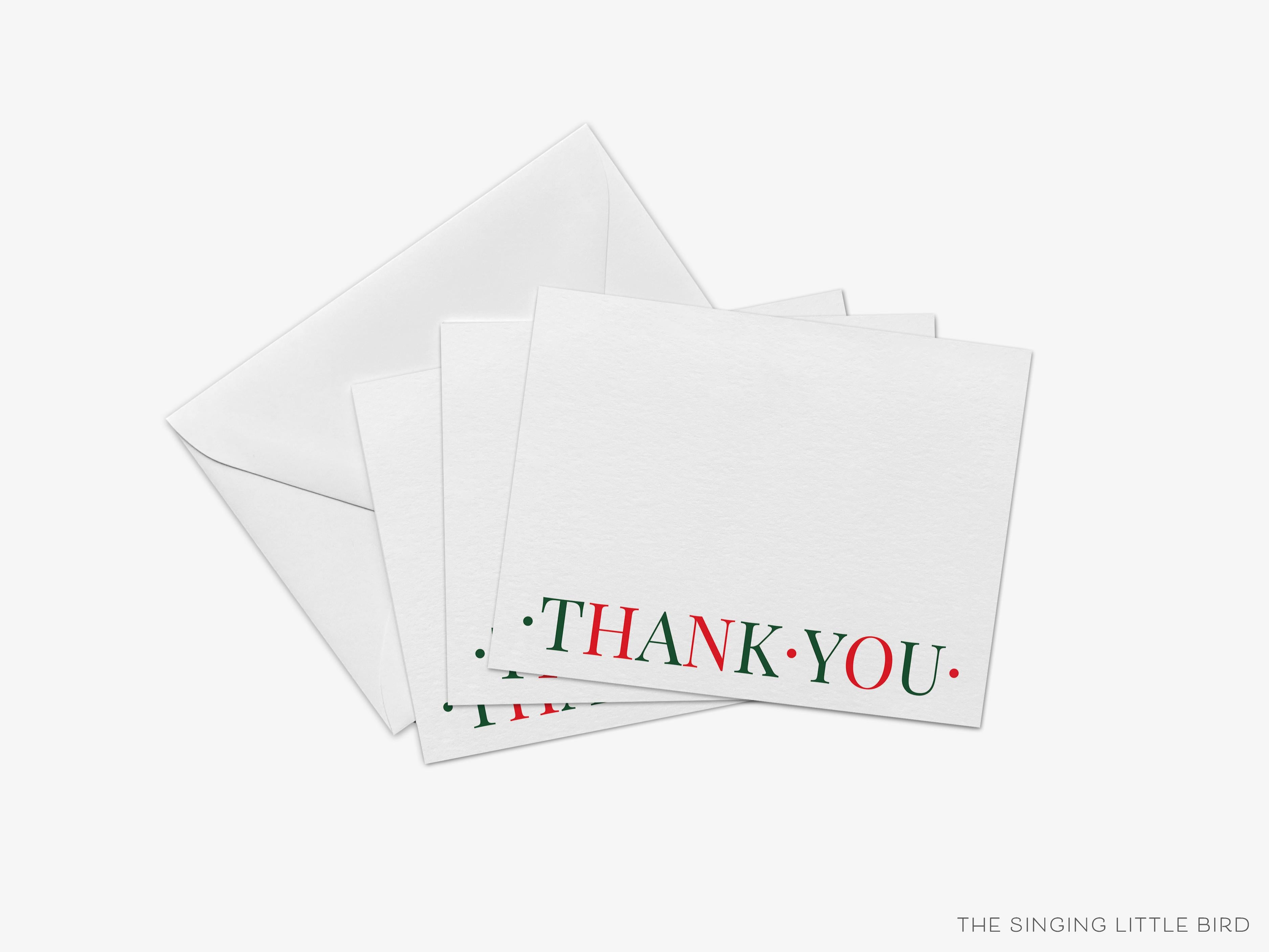 Red and Green Christmas Thank You Notes [Sets of 8]-These flat notecards are 4.25x5.5 and feature our hand-painted watercolor red and green print, printed in the USA on 120lb textured stock. They come with white envelopes and make great thank yous and gifts for the holiday lover in your life.-The Singing Little Bird