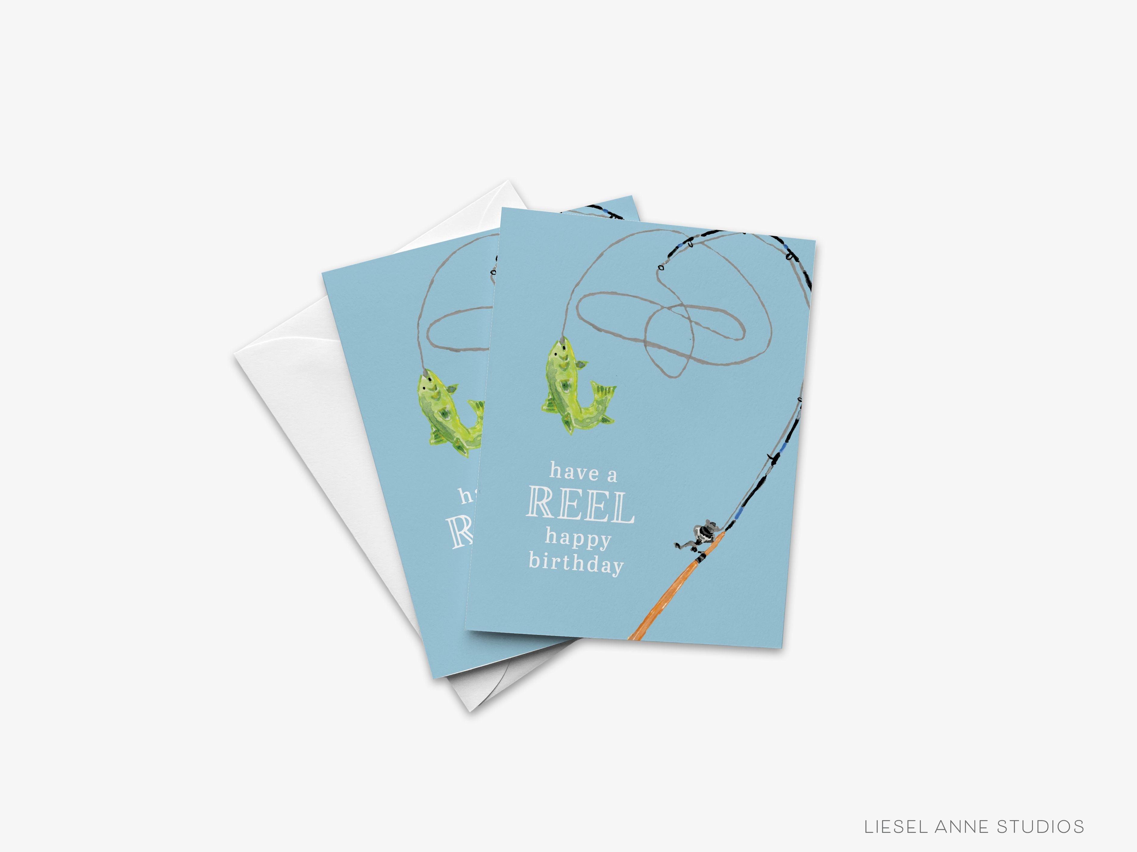 Reel Happy Birthday Card-These folded greeting cards are 4.25x5.5 and feature our hand-painted fishing pole and fish, printed in the USA on 100lb textured stock. They come with a White envelope and make a great birthday card for the fishing lover in your life.-The Singing Little Bird