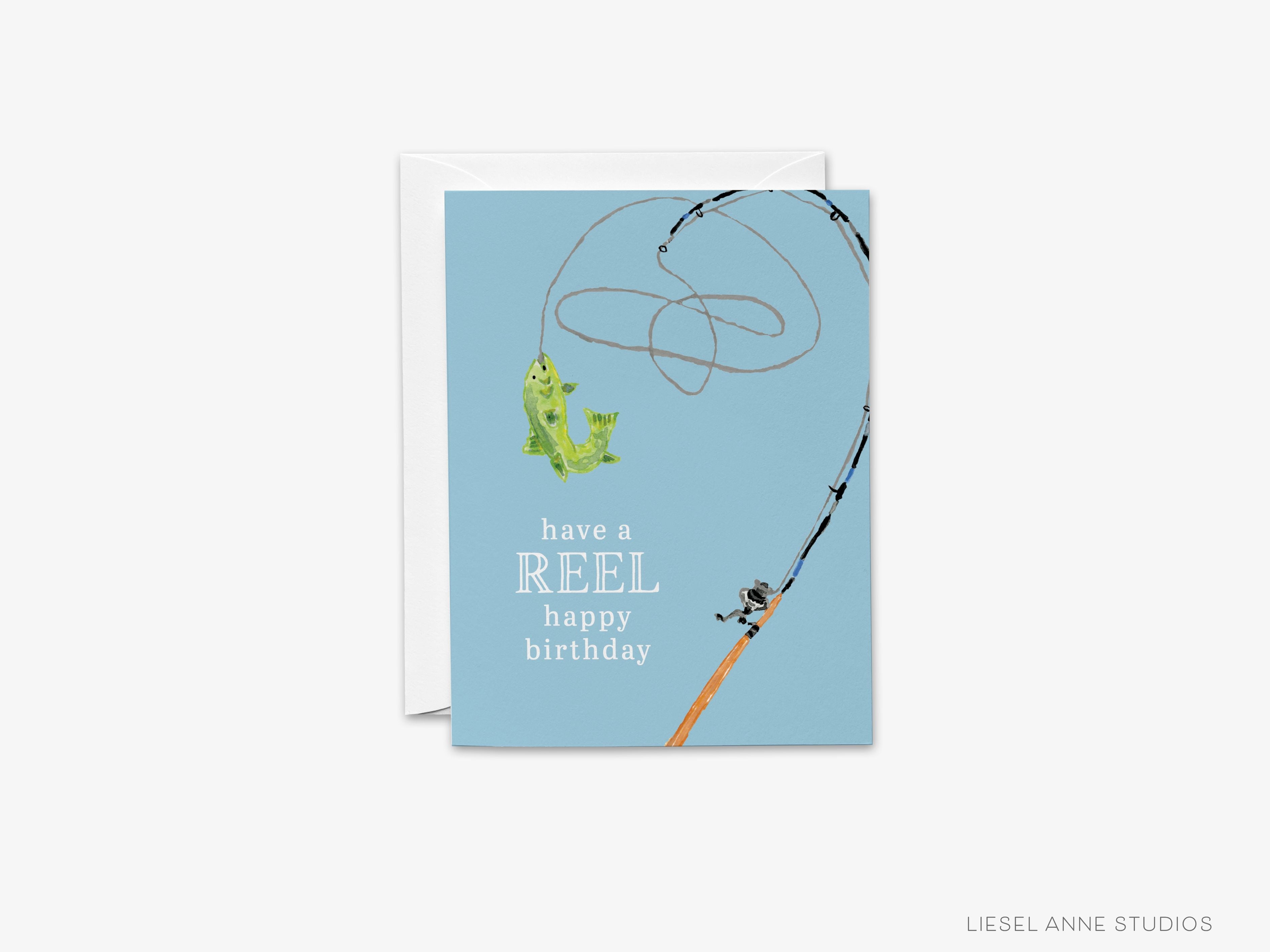 Reel Happy Birthday Card-These folded greeting cards are 4.25x5.5 and feature our hand-painted fishing pole and fish, printed in the USA on 100lb textured stock. They come with a White envelope and make a great birthday card for the fishing lover in your life.-The Singing Little Bird