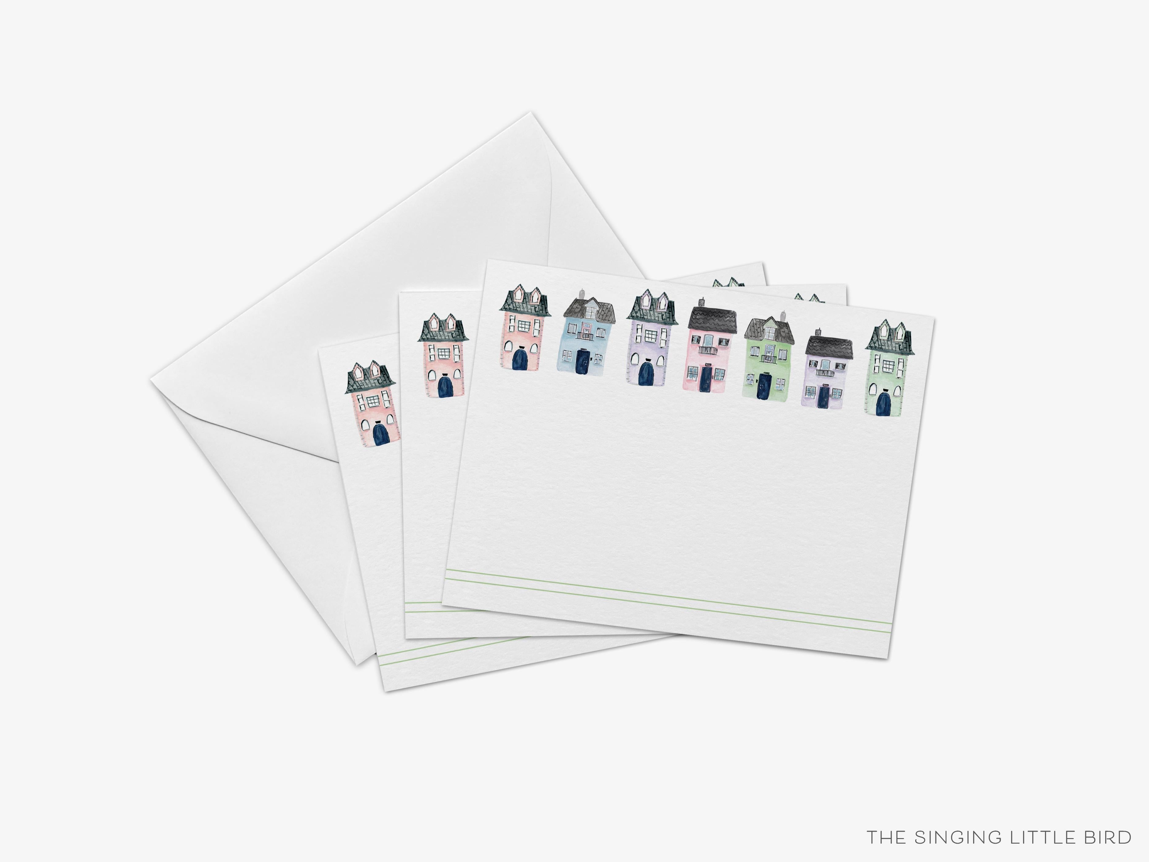 Row of Houses Flat Notes [Sets of 8]-These flat notecards are 4.25x5.5 and feature our hand-painted watercolor houses, printed in the USA on 120lb textured stock. They come with white envelopes and make great thank yous and gifts for the house lover in your life.-The Singing Little Bird