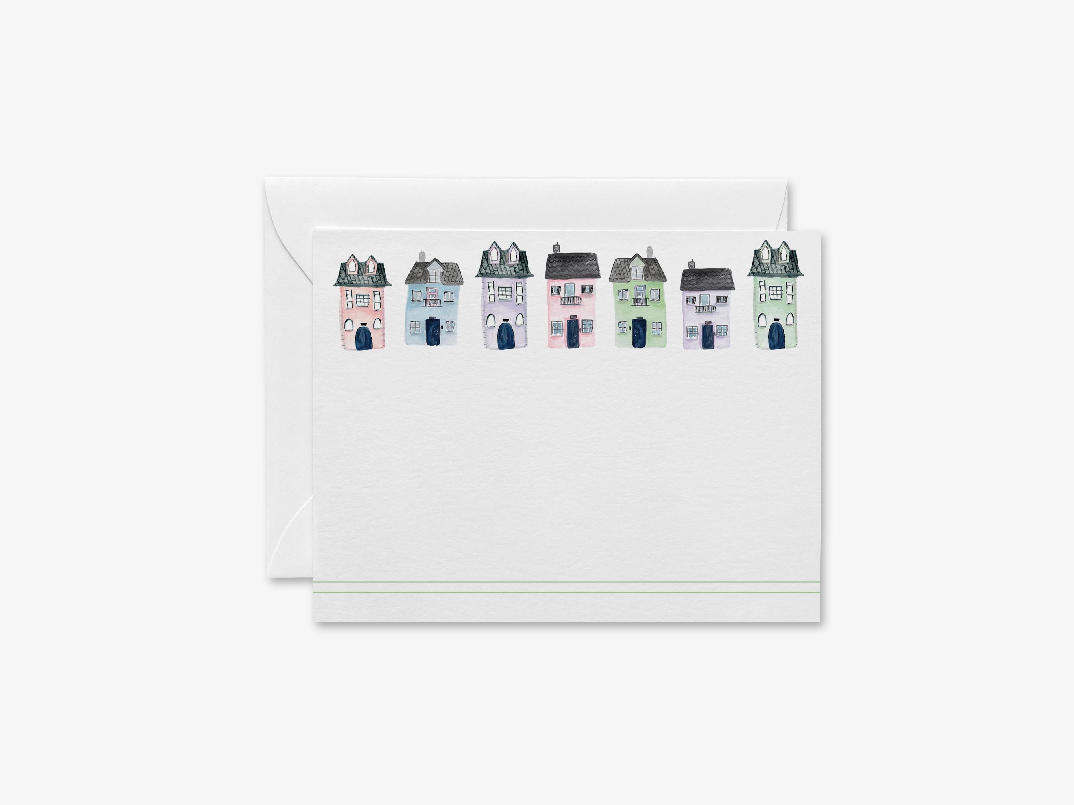 Row of Houses Flat Notes [Sets of 8]-These flat notecards are 4.25x5.5 and feature our hand-painted watercolor houses, printed in the USA on 120lb textured stock. They come with white envelopes and make great thank yous and gifts for the house lover in your life.-The Singing Little Bird