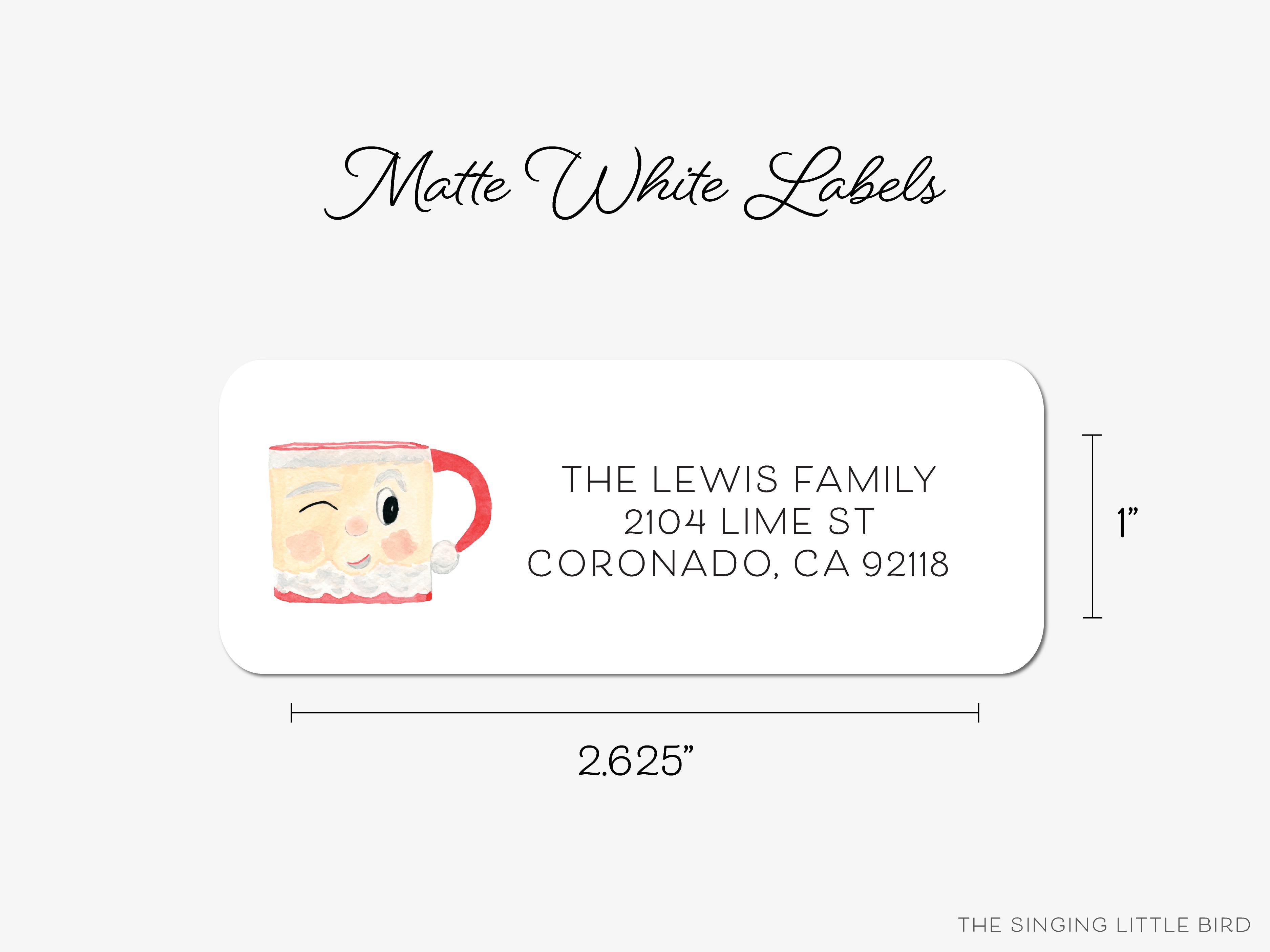 Santa Mug Return Address Labels-These personalized return address labels are 2.625" x 1" and feature our hand-painted watercolor Santa Mug, printed in the USA on beautiful matte finish labels. These make great gifts for yourself or the Christmas lover.-The Singing Little Bird