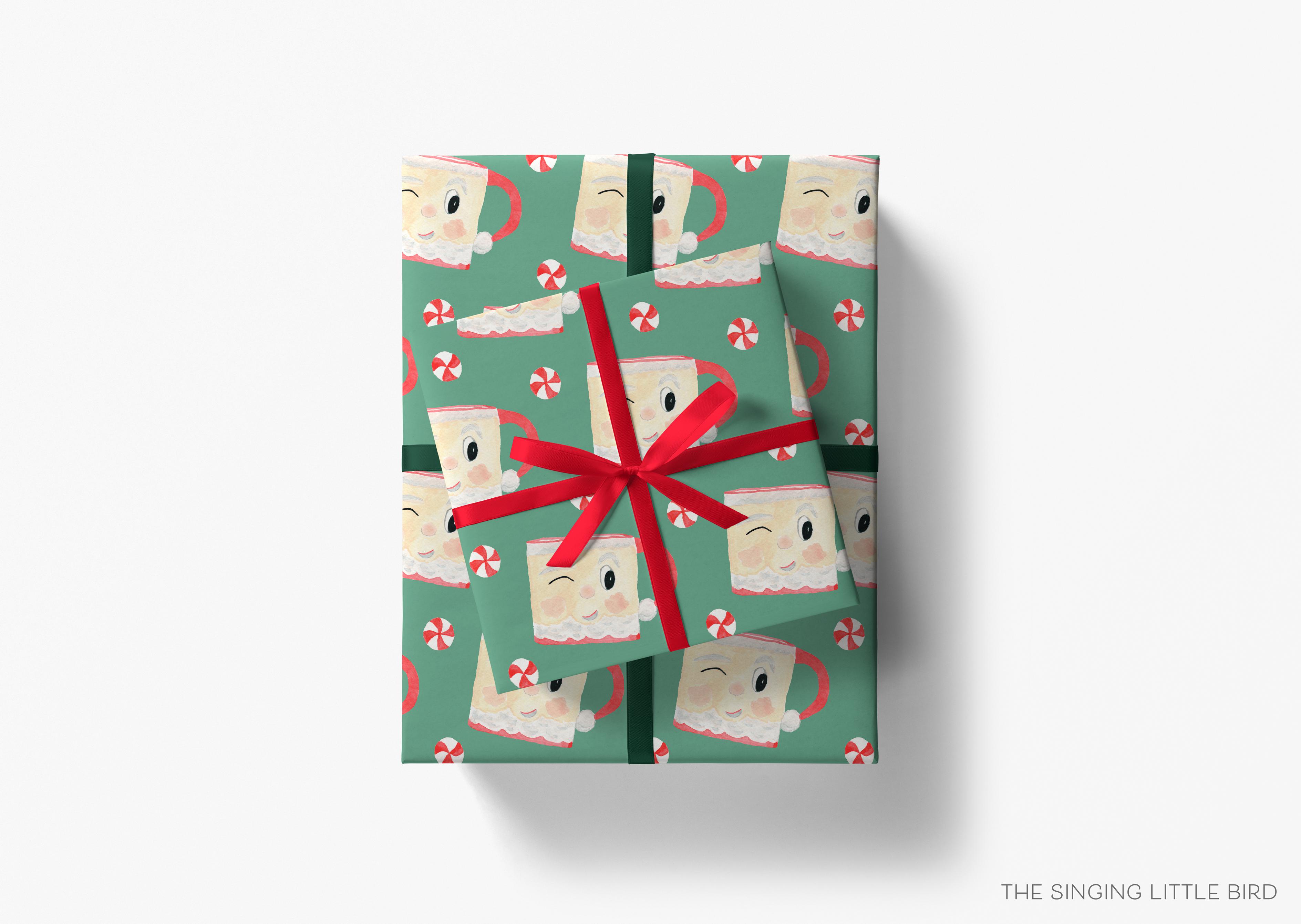Santa Mug Vintage Green Christmas Gift Wrap-This matte finish gift wrap features our hand-painted watercolor Santa mugs. It makes a perfect wrapping paper for a holiday present. -The Singing Little Bird