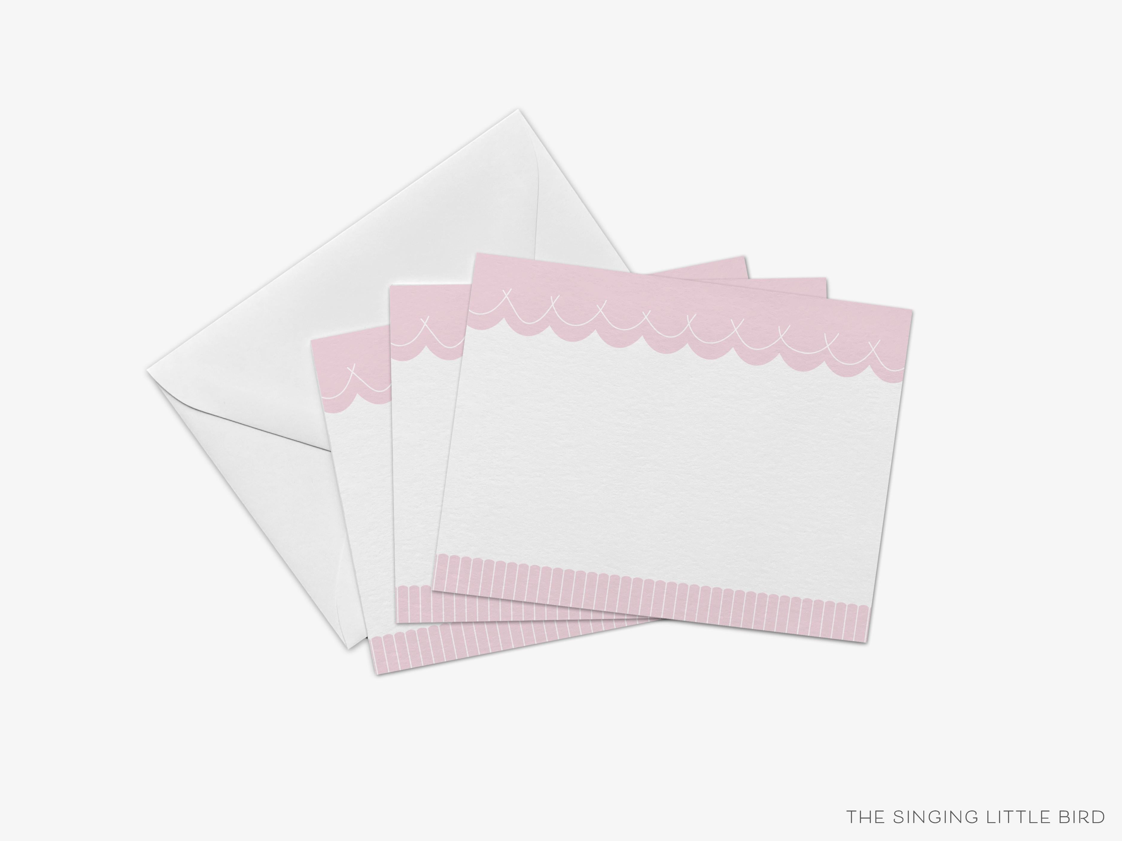 Scalloped Flat Notes [Sets of 8]-These flat notecards are 4.25x5.5 and feature our hand-painted watercolor scalloped design, printed in the USA on 120lb textured stock. They come with white envelopes and make great all occasion girly cards.-The Singing Little Bird