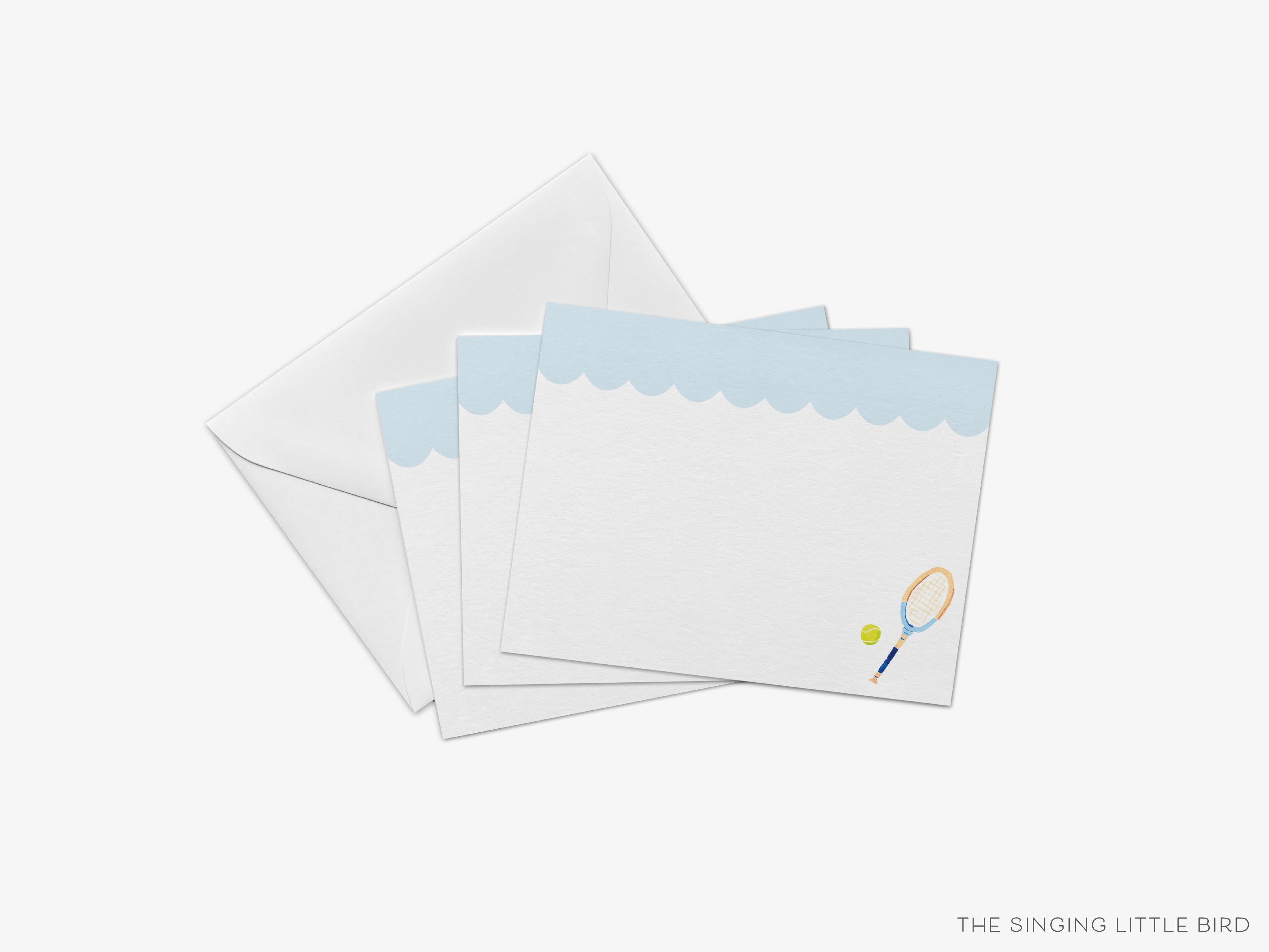Scalloped Tennis Flat Notes [Sets of 8]-These flat notecards are 4.25x5.5 and feature our hand-painted watercolor tennis racket, printed in the USA on 120lb textured stock. They come with white envelopes and make great thank yous and gifts for the tennis lover in your life.-The Singing Little Bird