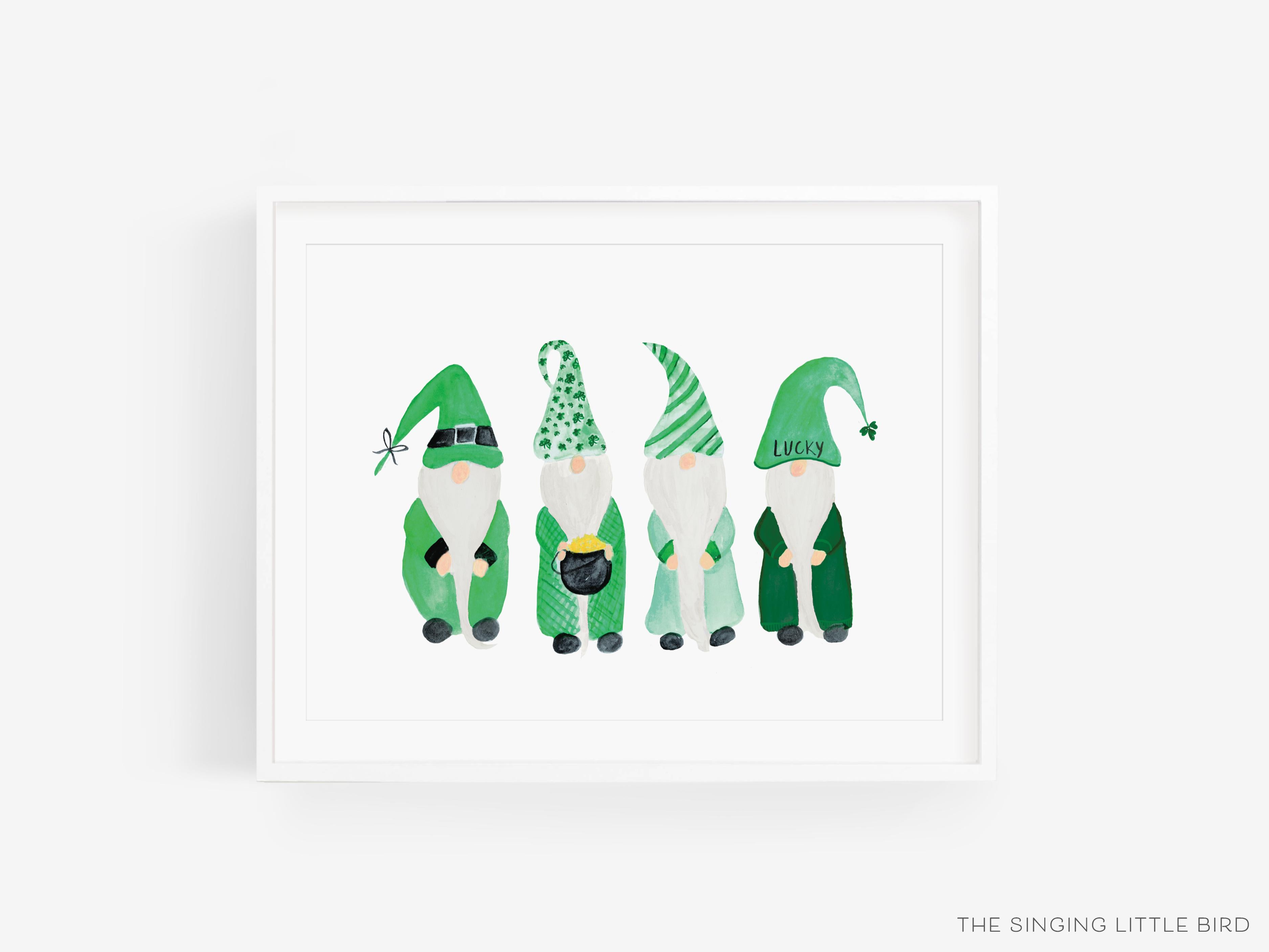 Shamrock Gnome Lovers Art Print-This watercolor art print features our hand-painted Gnomes, printed in the USA on 120lb high quality art paper. This makes a great gift or wall decor for the gnome lover in your life.-The Singing Little Bird