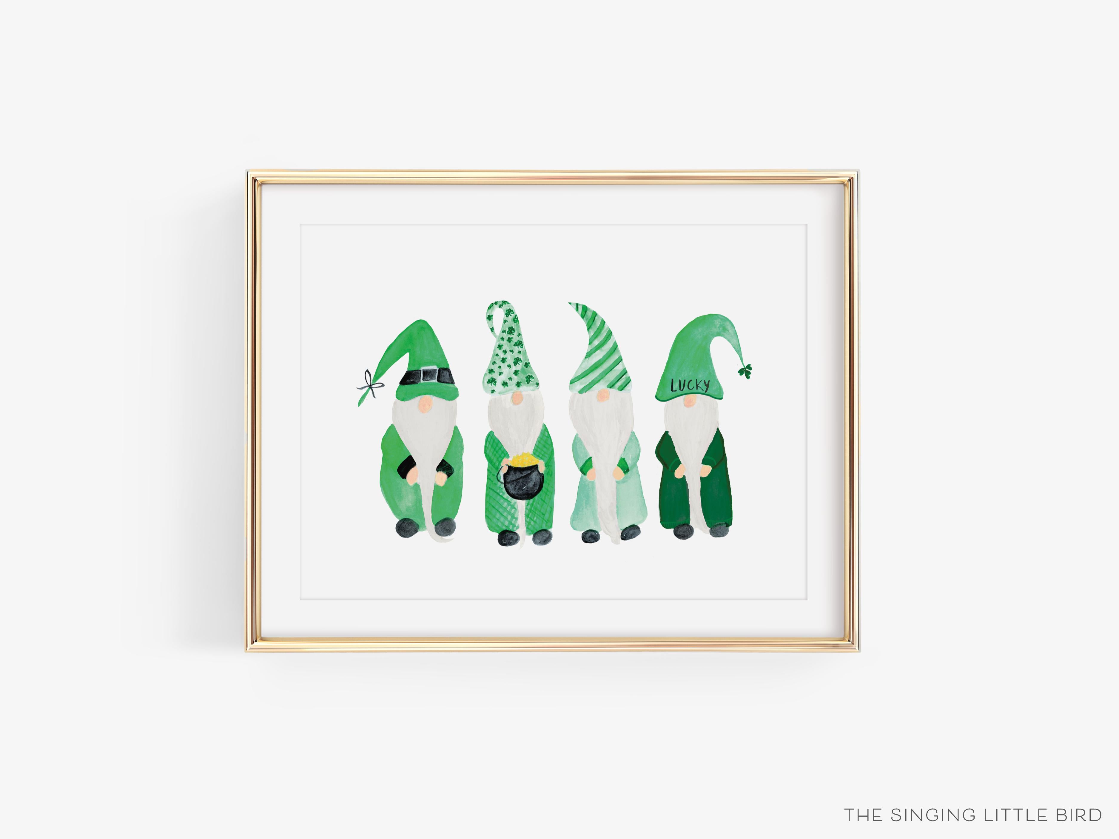 Shamrock Gnome Lovers Art Print-This watercolor art print features our hand-painted Gnomes, printed in the USA on 120lb high quality art paper. This makes a great gift or wall decor for the gnome lover in your life.-The Singing Little Bird