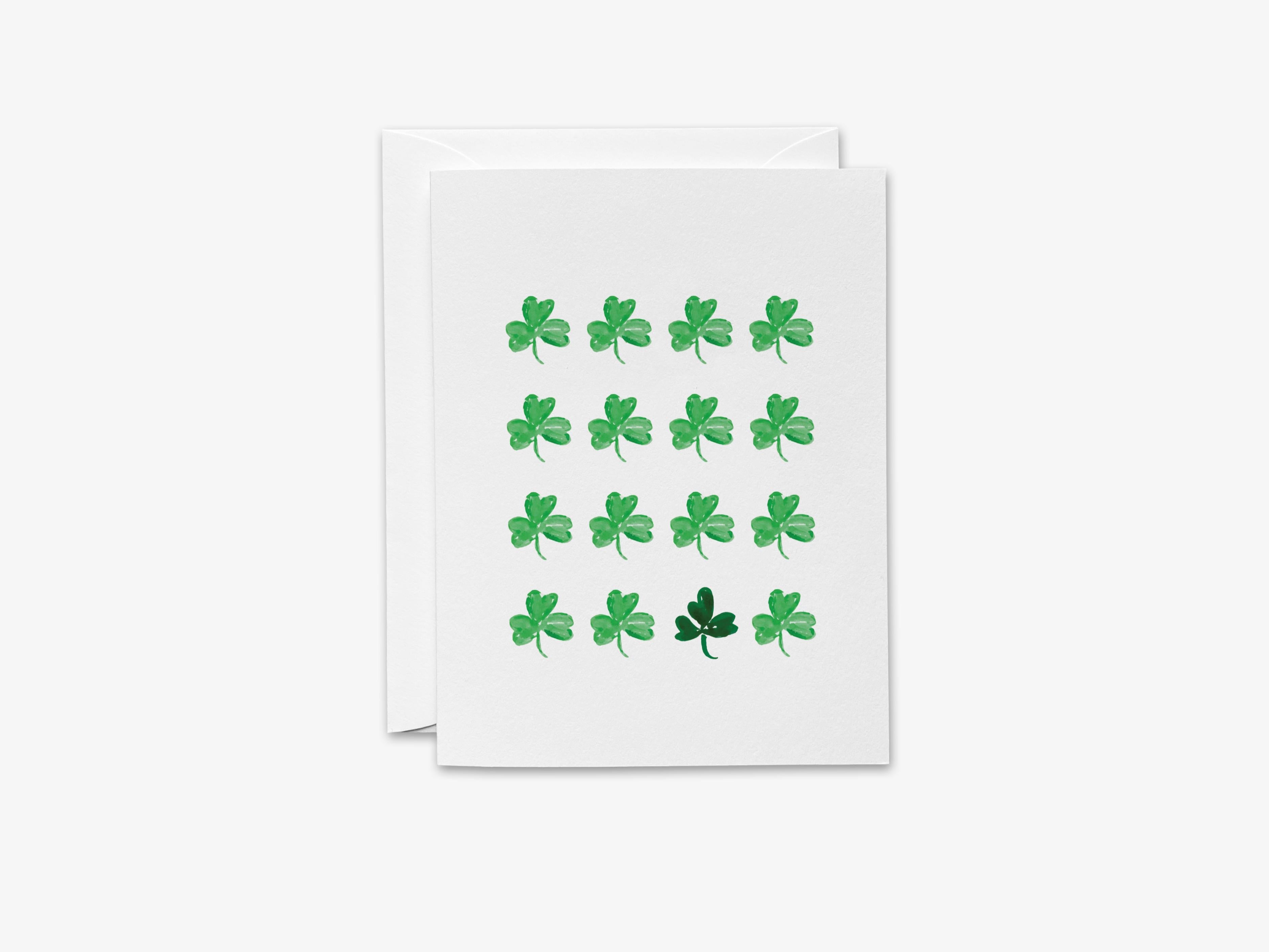 Shamrock Greeting Card-These folded spring cards are 4.25x5.5 and feature our hand-painted watercolor three leaf clovers, printed in the USA on 100lb textured stock. They come with a White envelope and make a lovely card to say thank you or just because to your friends. -The Singing Little Bird